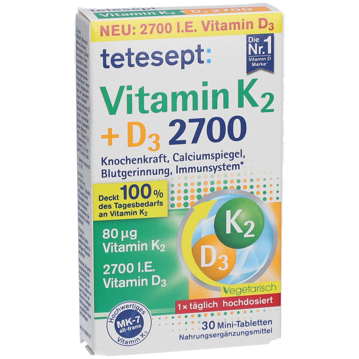 Karton tetesept Vitamin K2 + D3 2700. Aufschrift: Vitamin K2 + D3, 2700 I.E. Vitamin D3, 30 Mini-Tabletten, vegetarisch, MK-7 all-trans Vitamin K2.