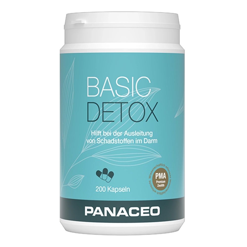 Weißes Kunststoff-Behälter mit blauem Etikett. Aufschrift: BASIC DETOX, 200 Kapseln, PMA-Zertifizierung. Marke: PANACEO.