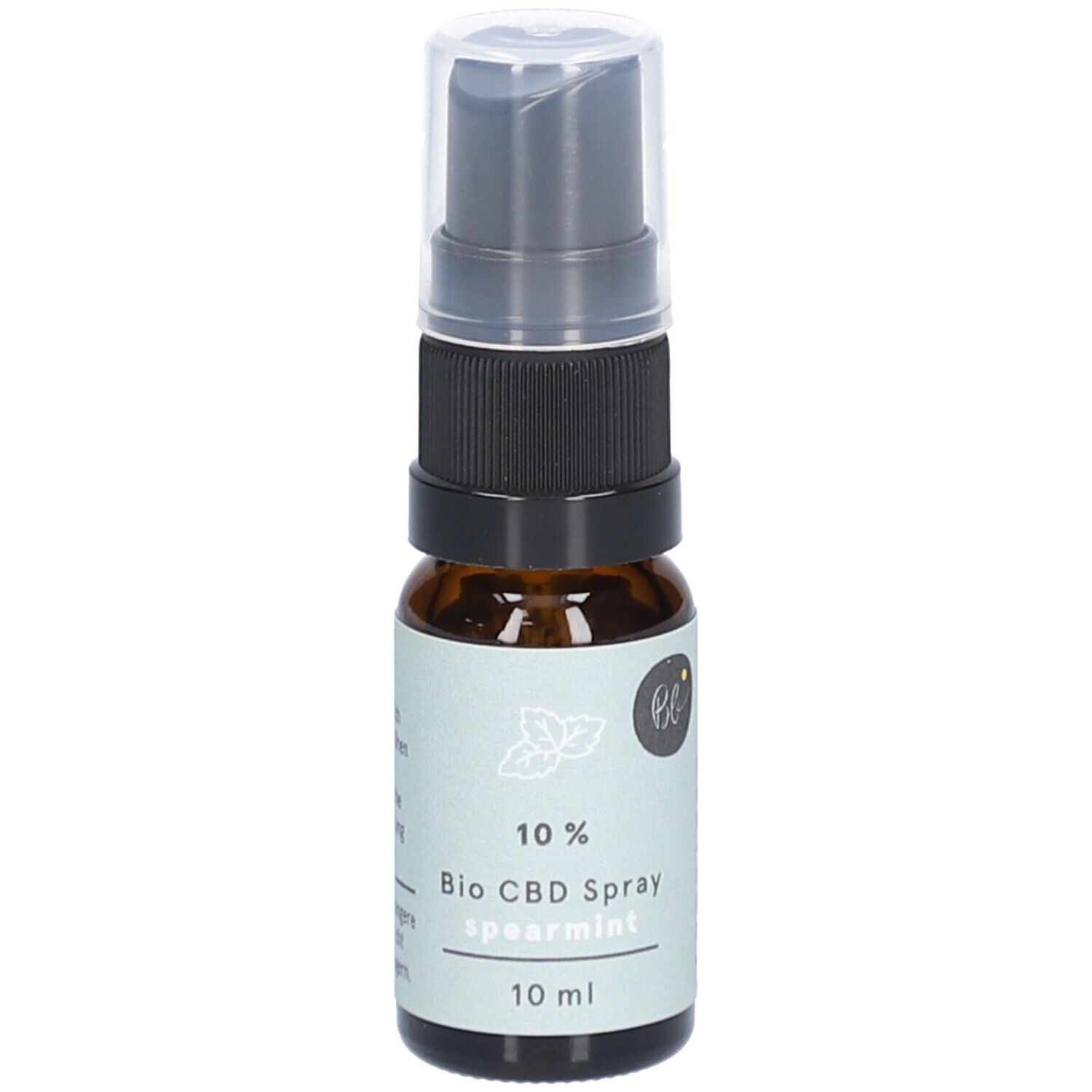 Braunglas-Sprayflasche mit schwarzem Sprühkopf und klarer Kappe. Aufkleber mit Text: 10% Bio CBD Spray Spearmint, 10 ml.