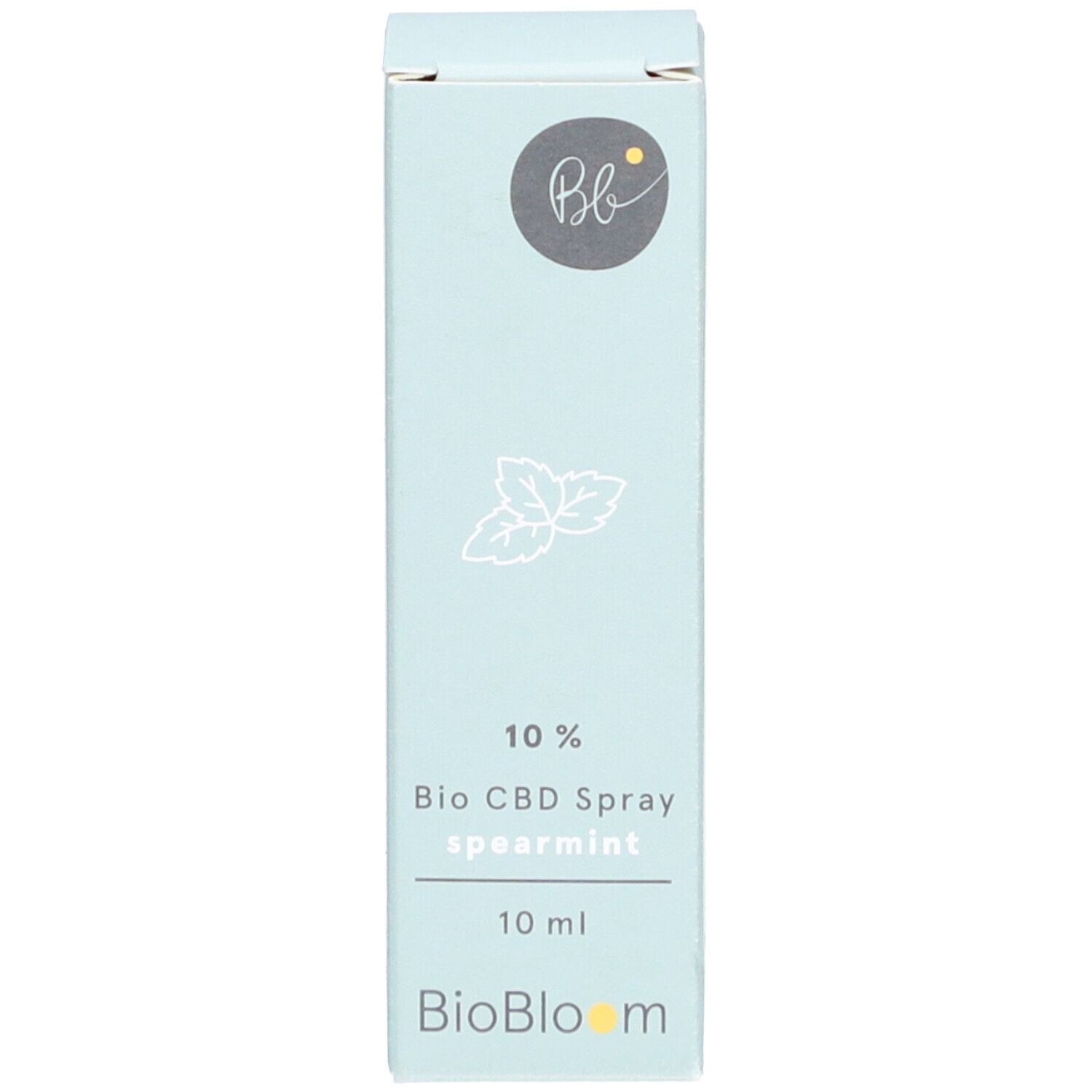 Hellblaue Produktverpackung. Text: 10% Bio CBD Spray Spearmint, 10 ml. Logo. Marke: BioBloom.