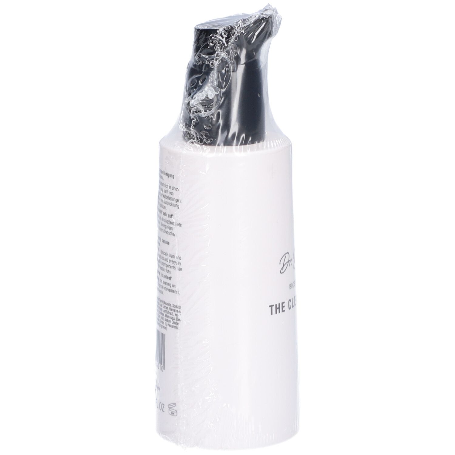 Weisse Flasche mit schwarzem Deckel, in Folie verpackt. Auf der Seite Text und Barcode.