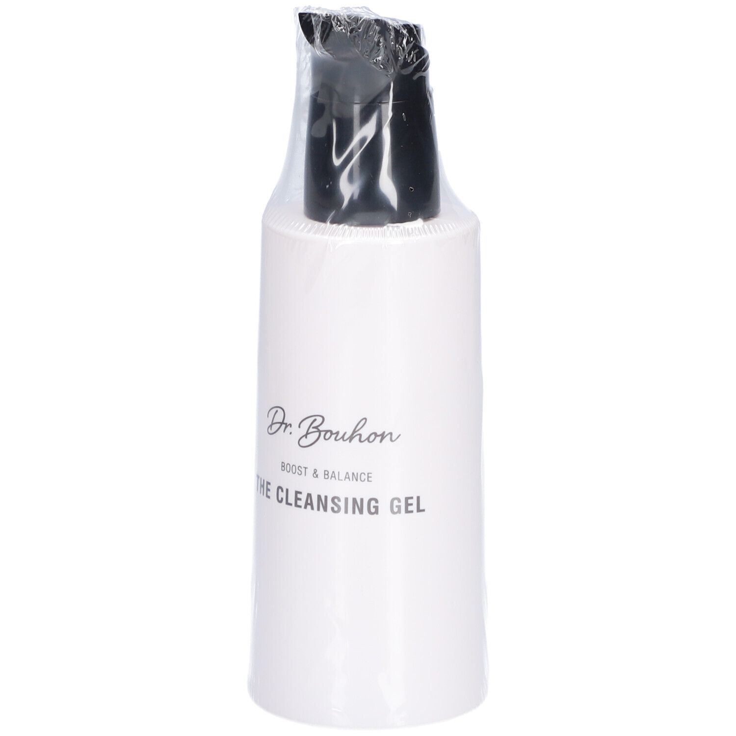 Weisse Flasche mit schwarzem Deckel, in Folie verpackt. Aufschrift: Dr. Bouhon, The Cleansing Gel.