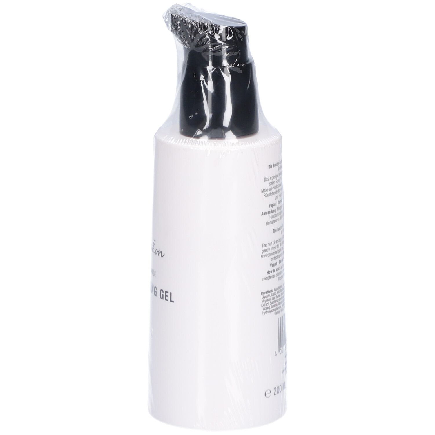 Weisse Flasche mit schwarzem Deckel, in Folie verpackt. Auf der Seite Text und Barcode.
