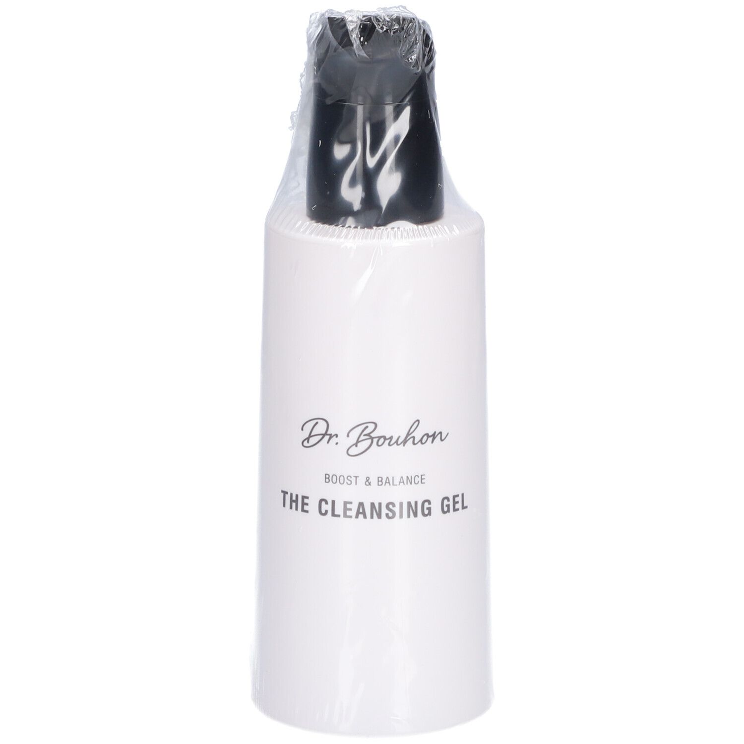 Weisse Flasche mit schwarzem Deckel, in Folie verpackt. Aufschrift: Dr. Bouhon, The Cleansing Gel.