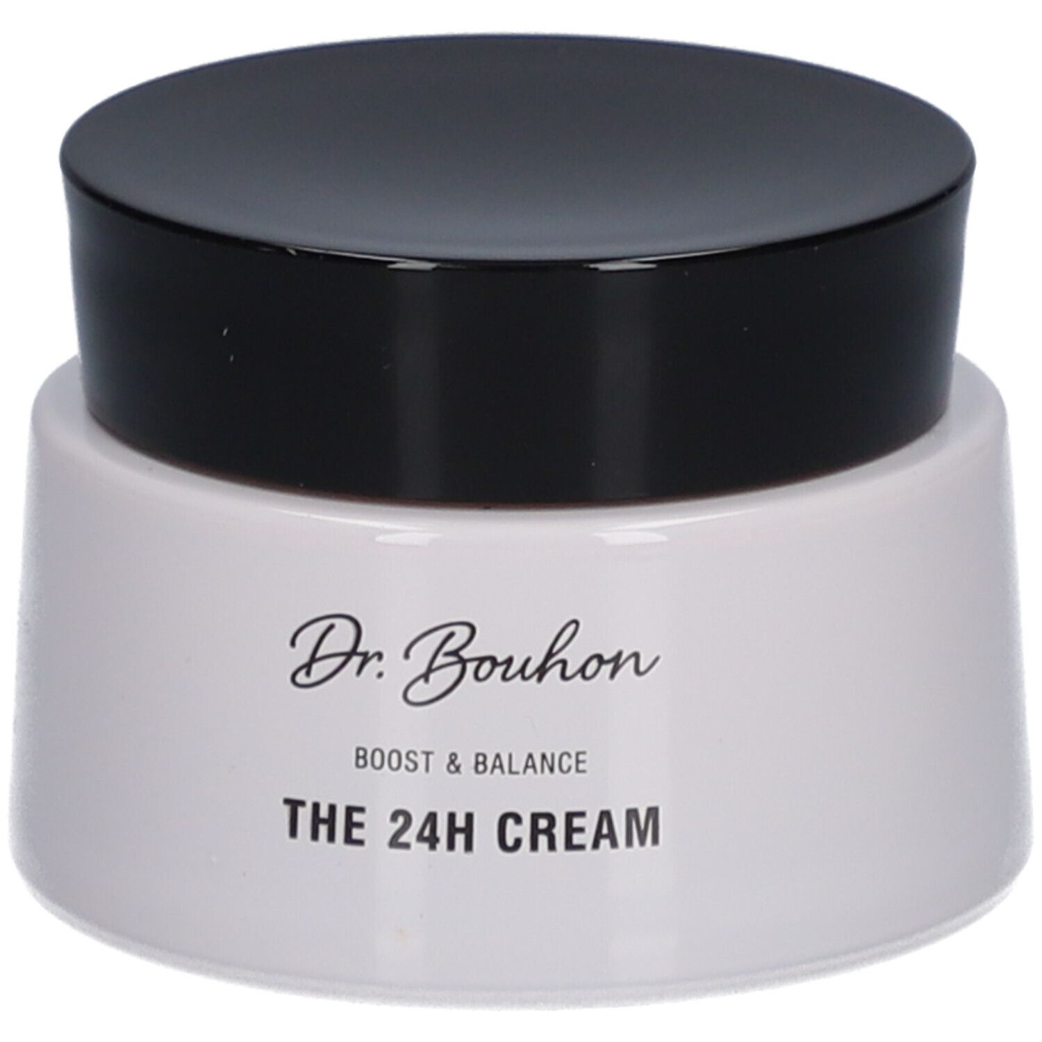 Creme-Tiegel mit schwarzem Deckel. Aufschrift: Dr. Bouhon, Boost & Balance, THE 24H CREAM.