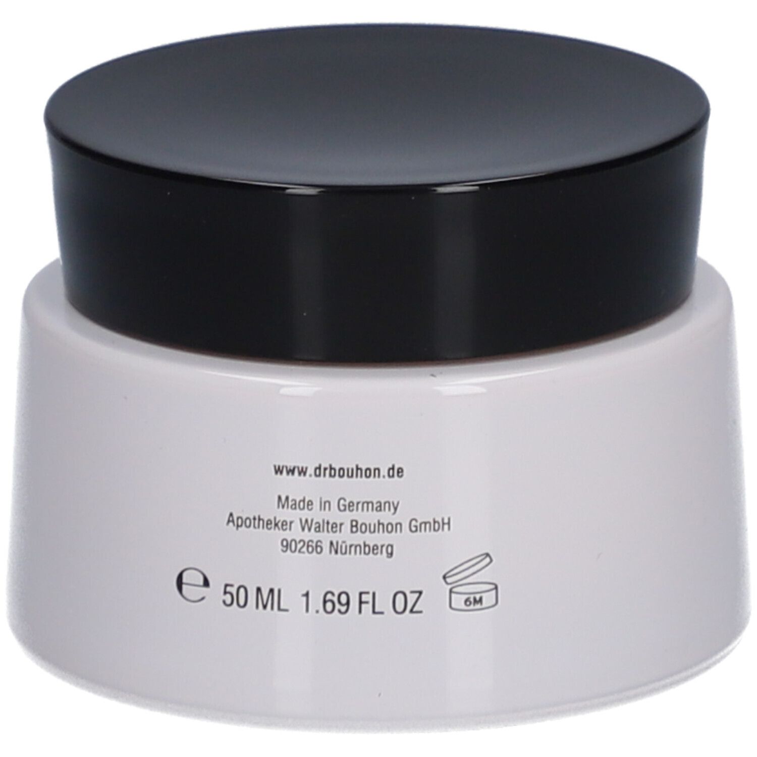 Creme-Tiegel, weiß mit schwarzem Deckel. Aufschrift: Dr. Bouhon, 50 ml, 1.69 FL OZ.