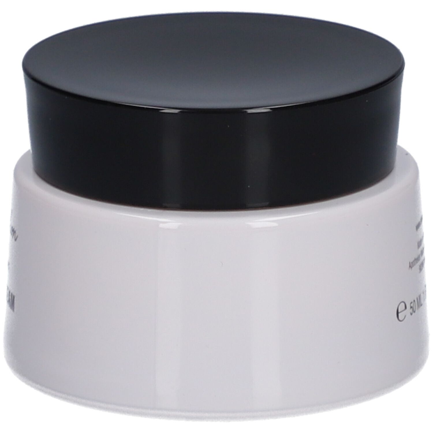 Creme-Tiegel, weiß mit schwarzem Deckel. Aufschrift: THE 24H CREAM, E 50 ml.
