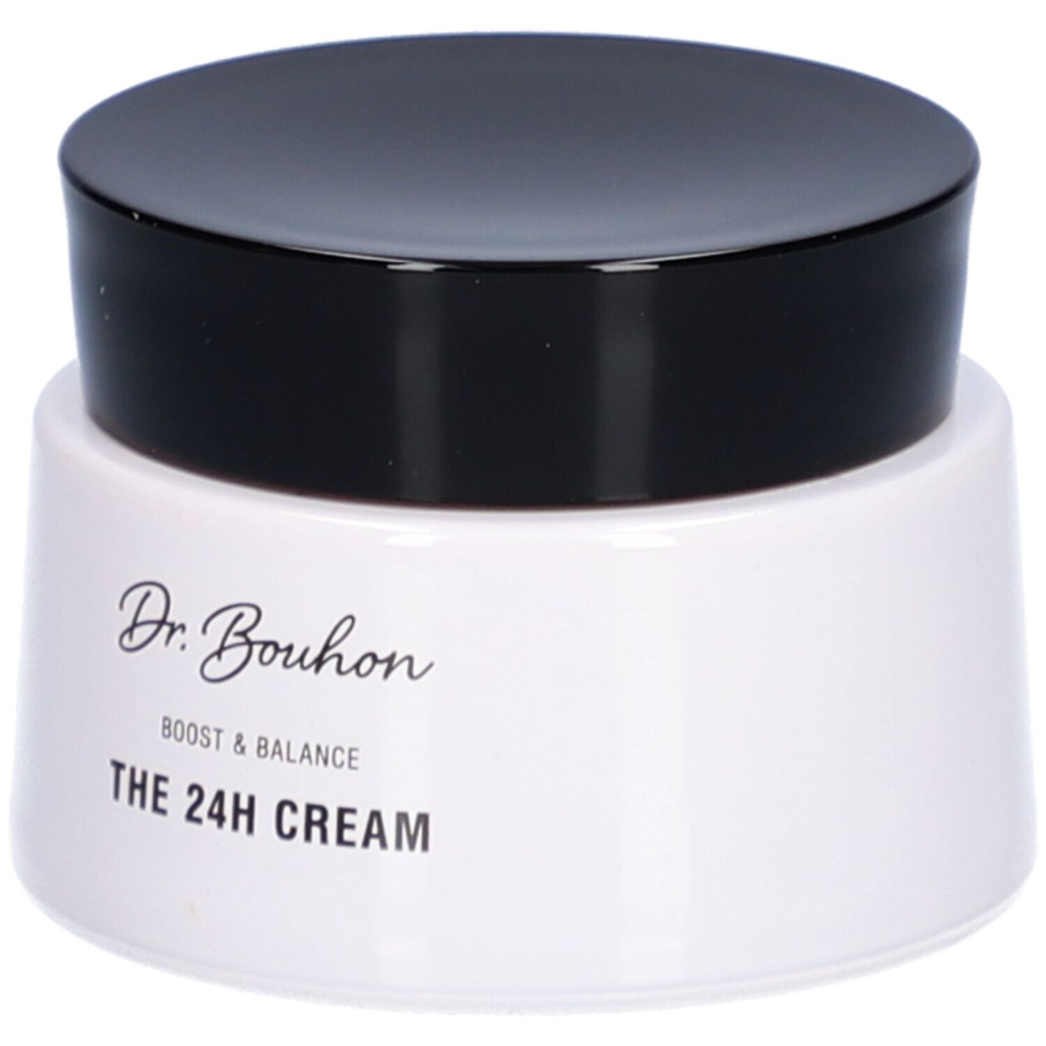 Creme-Tiegel mit schwarzem Deckel. Aufschrift: Dr. Bouhon, Boost & Balance, THE 24H CREAM.