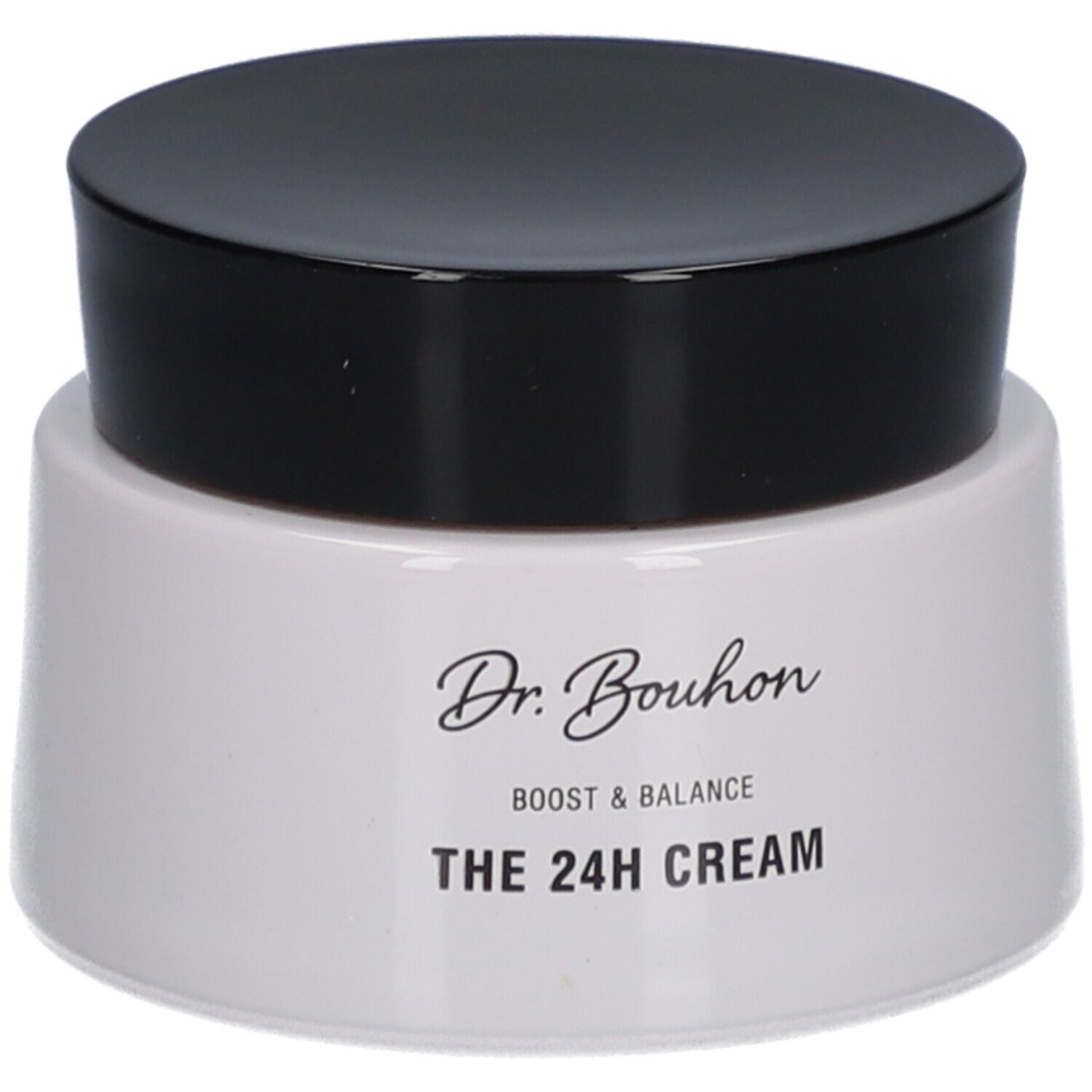 Creme-Tiegel mit schwarzem Deckel. Aufschrift: Dr. Bouhon, Boost & Balance, THE 24H CREAM.