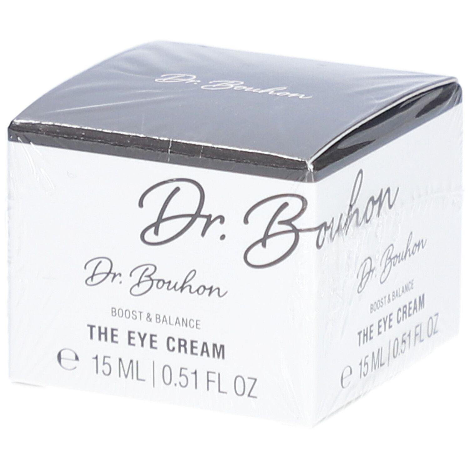Verpackung von Dr. Bouhon The Eye Cream. Weißer Karton mit schwarzem Deckel. Produktname und Volumenangabe.