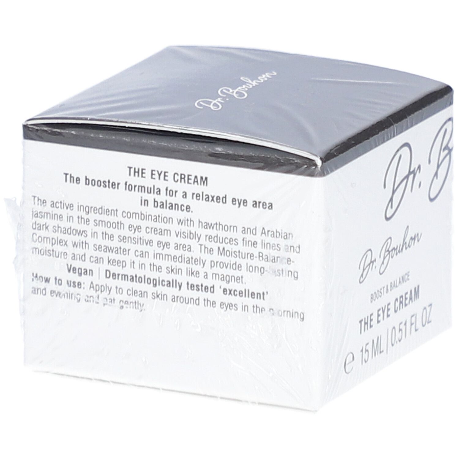 Verpackung von Dr. Bouhon The Eye Cream. Text auf der Verpackung. Produktname und Volumenangabe.
