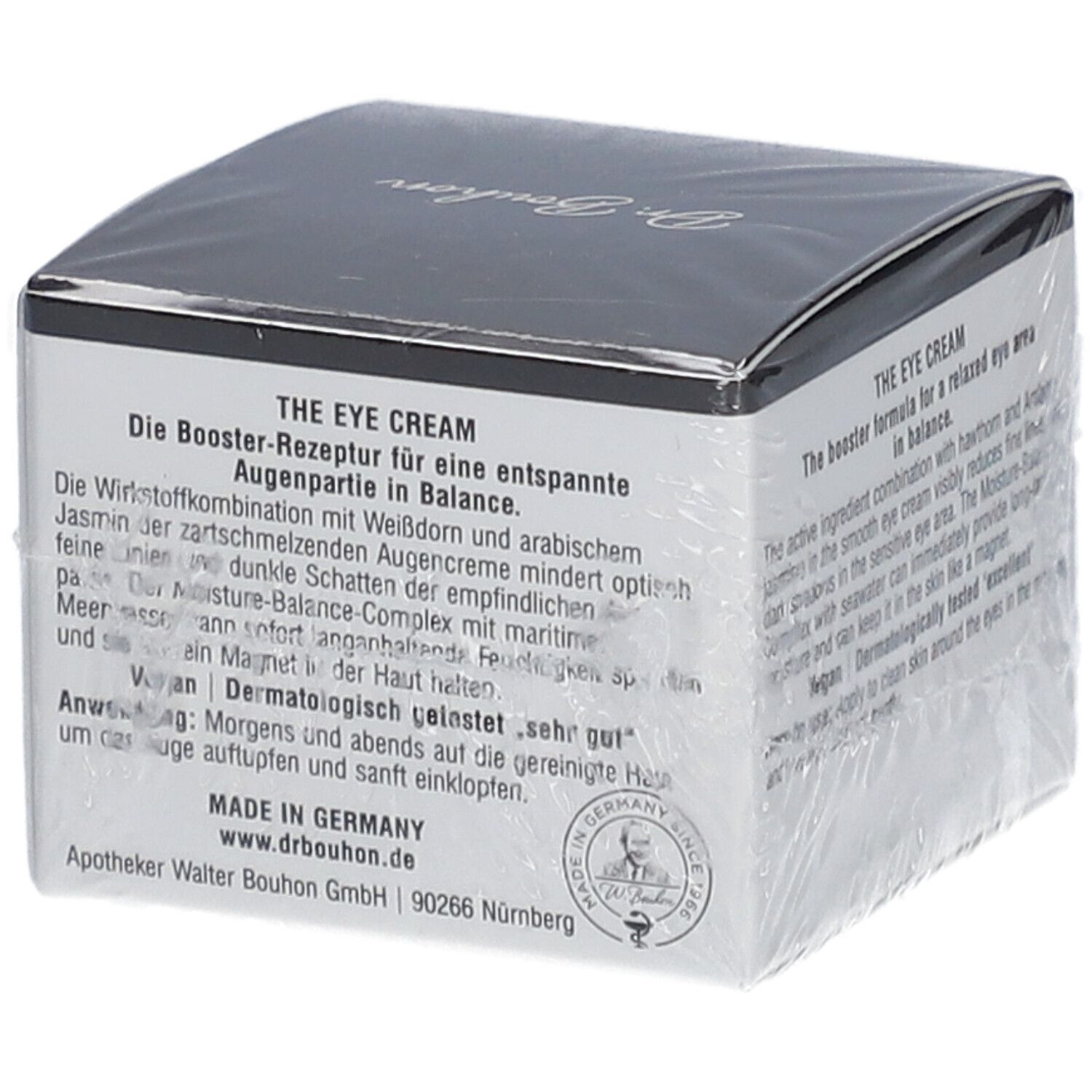 Verpackung von Dr. Bouhon The Eye Cream. Text auf der Verpackung. Produktname und Volumenangabe.