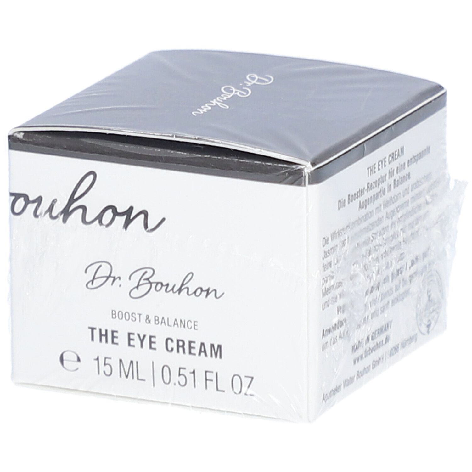 Verpackung von Dr. Bouhon The Eye Cream. Weißer Karton mit schwarzem Deckel. Produktname und Volumenangabe.