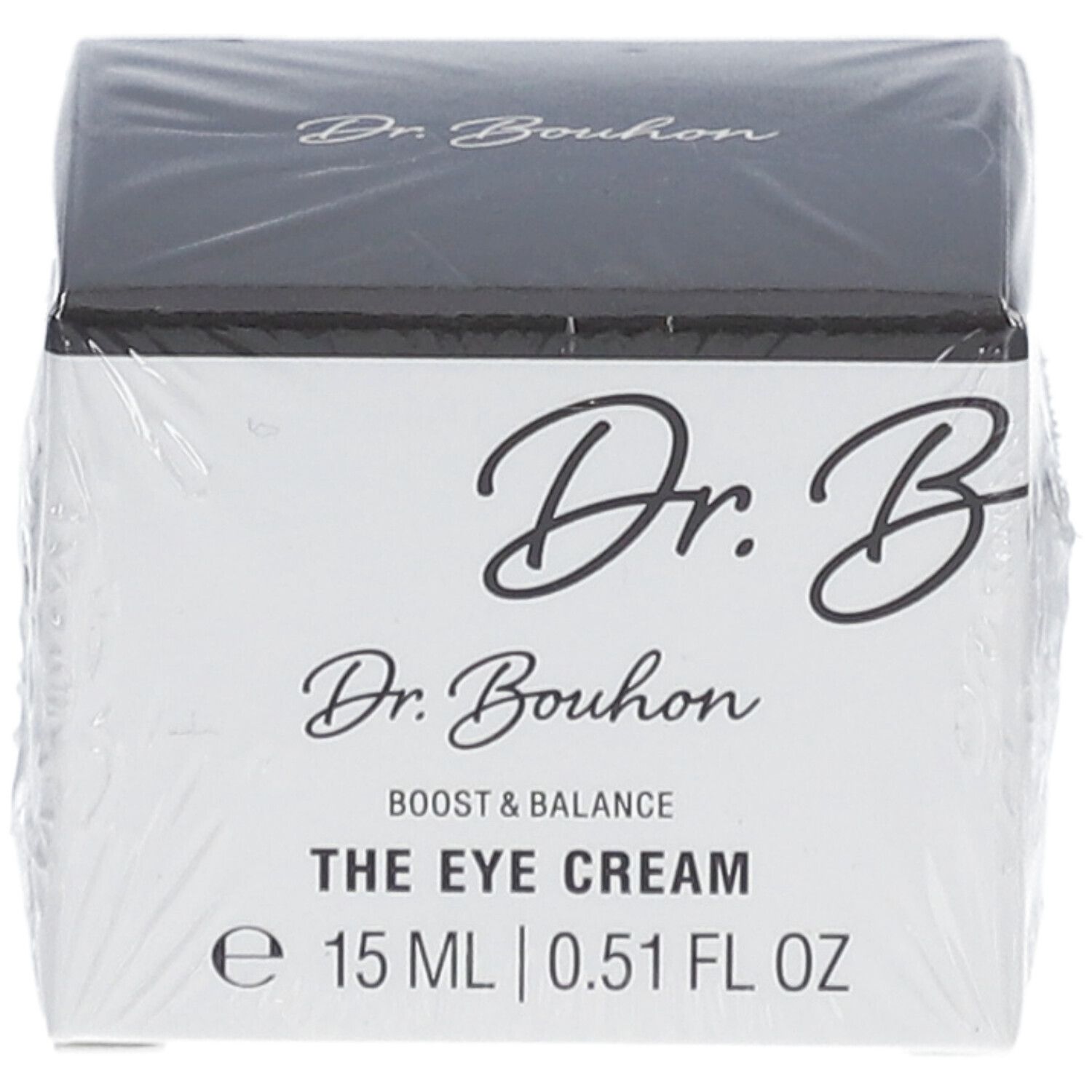 Verpackung von Dr. Bouhon The Eye Cream. Weißer Karton mit schwarzem Deckel. Produktname und Volumenangabe.