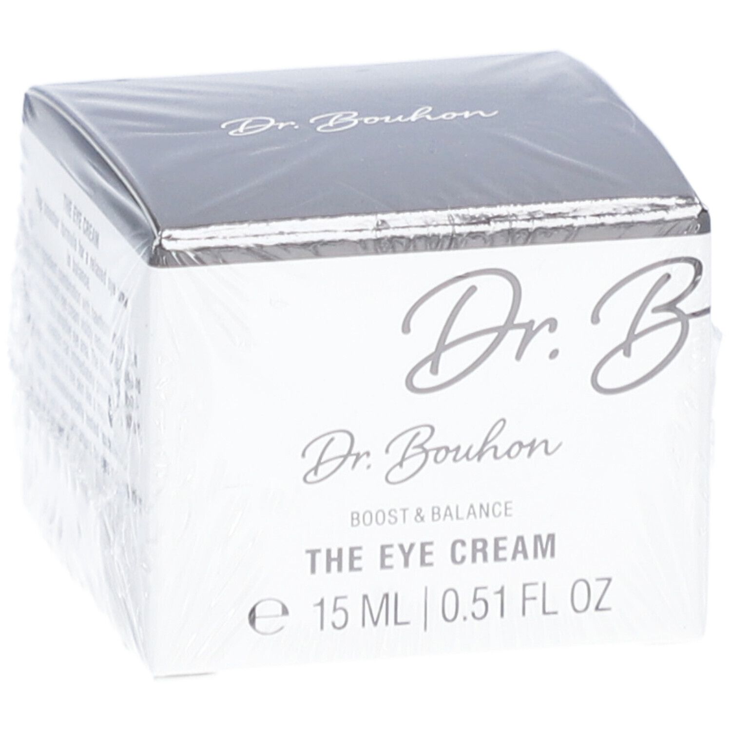 Verpackung von Dr. Bouhon The Eye Cream. Weißer Karton mit schwarzem Deckel. Produktname und Volumenangabe.