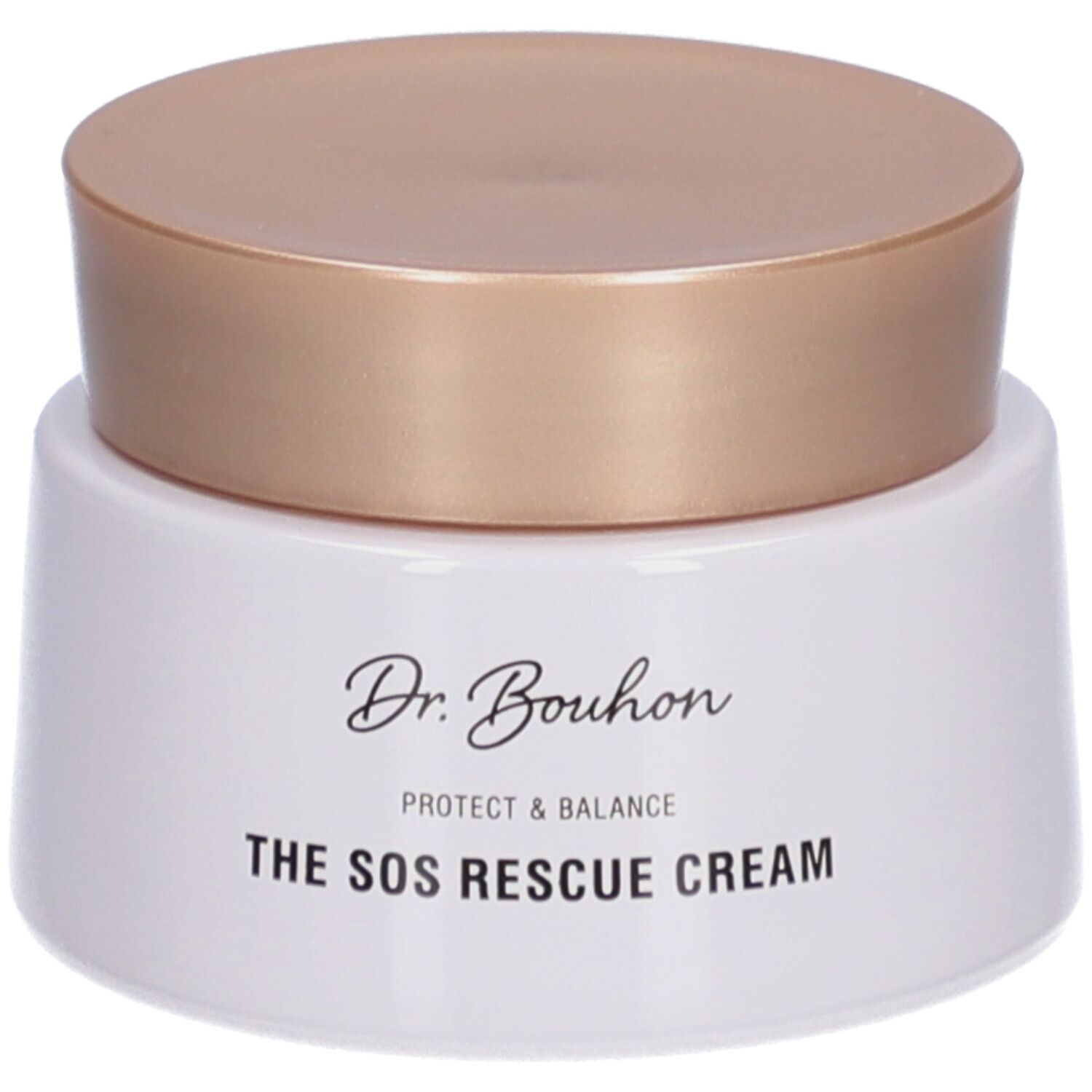 Creme-Dose mit goldfarbenem Deckel. Aufschrift: Dr. Bouhon, THE SOS RESCUE CREAM.