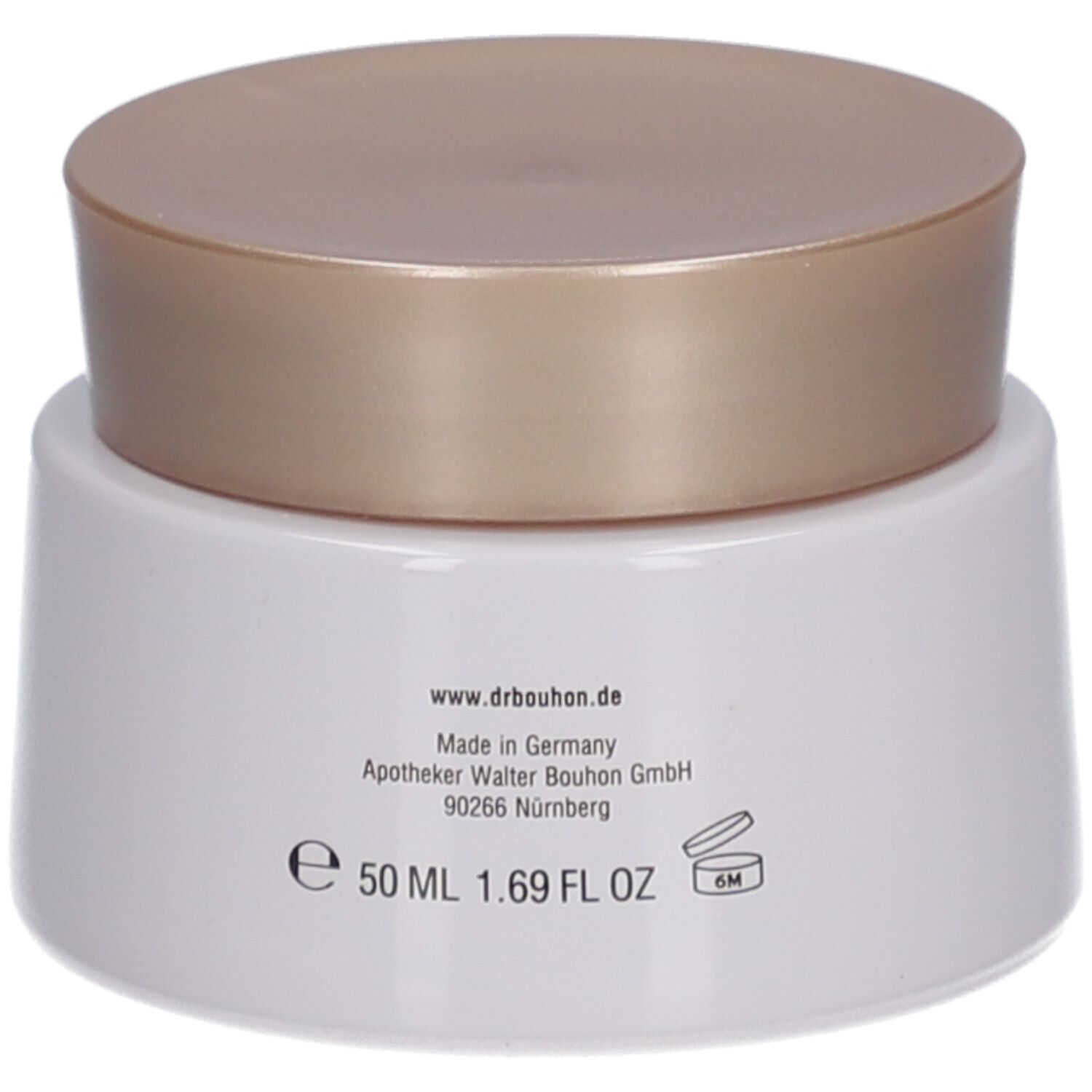 Weiße Creme-Dose mit goldfarbenem Deckel. Aufschrift: 50 ml, 1.69 FL OZ. Herstellerinformationen.