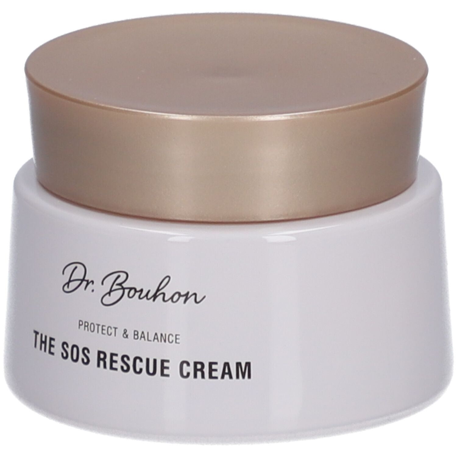 Creme-Dose mit goldfarbenem Deckel. Aufschrift: Dr. Bouhon, THE SOS RESCUE CREAM.