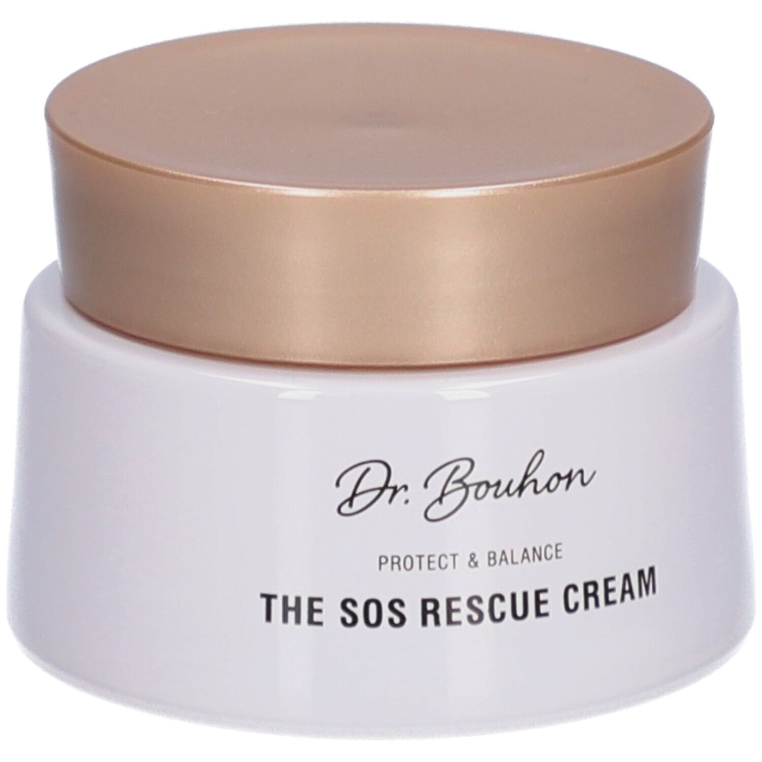 Creme-Dose mit goldfarbenem Deckel. Aufschrift: Dr. Bouhon, THE SOS RESCUE CREAM.