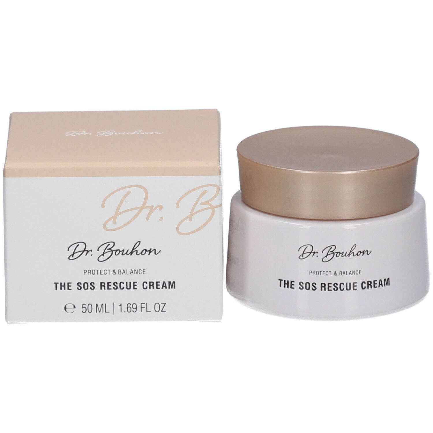Creme-Dose und Verpackung. Aufschrift: Dr. Bouhon, THE SOS RESCUE CREAM, 50 ml.