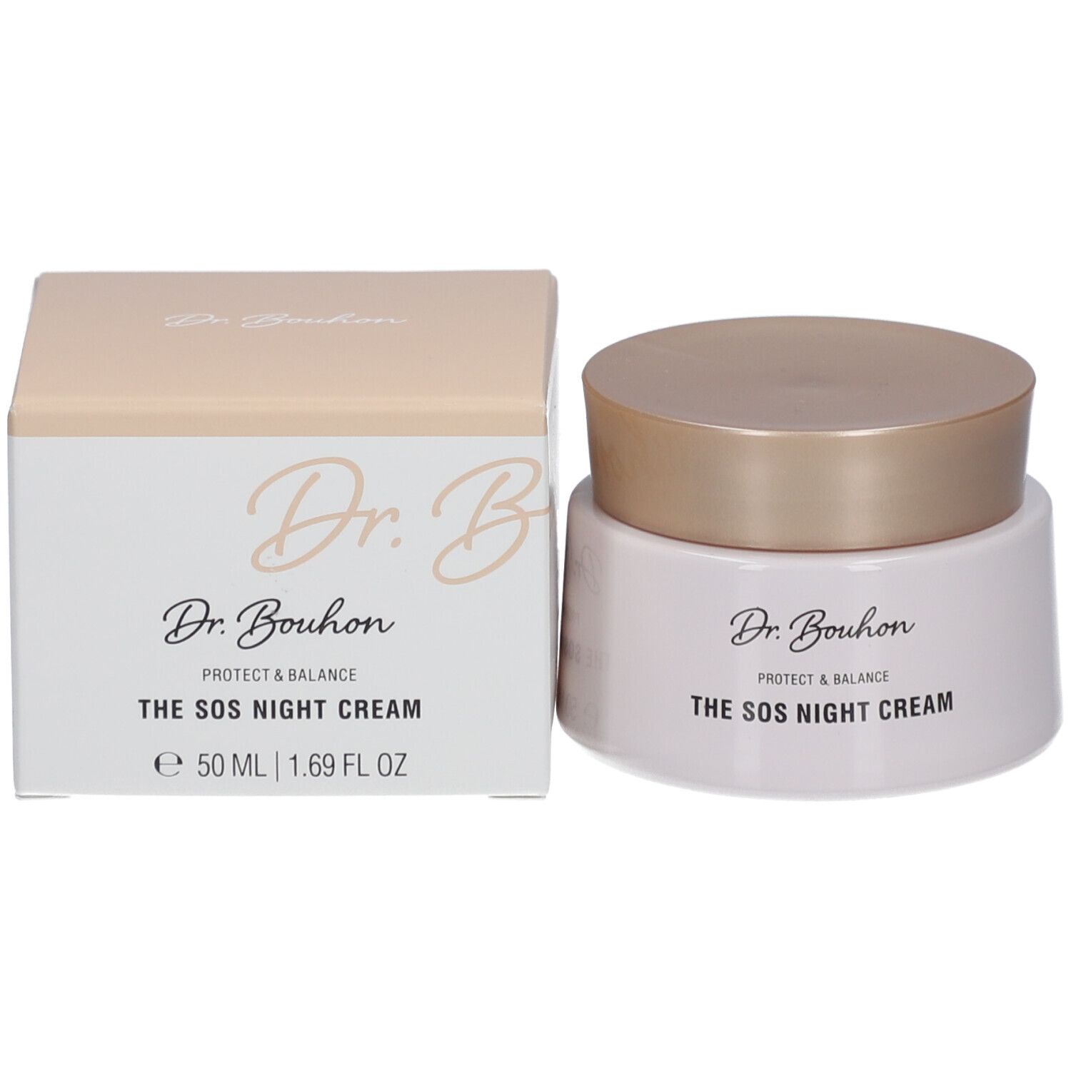 Pot de crème et boîte. Inscription : Dr. Bouhon, THE SOS NIGHT CREAM. Couvercle et texte beiges.