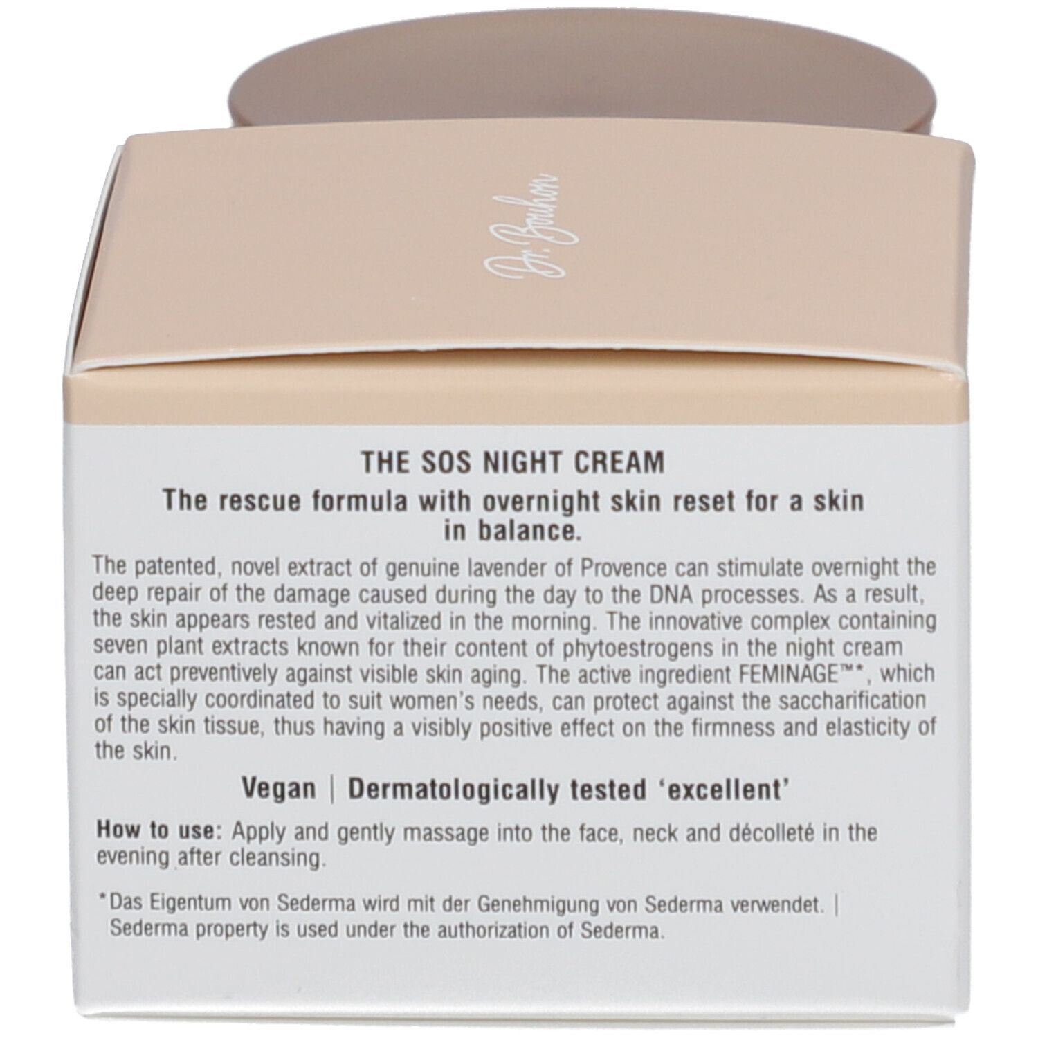 Dos de la boîte. Texte : THE SOS NIGHT CREAM. Vegan. Testé dermatologiquement 'excellent'.