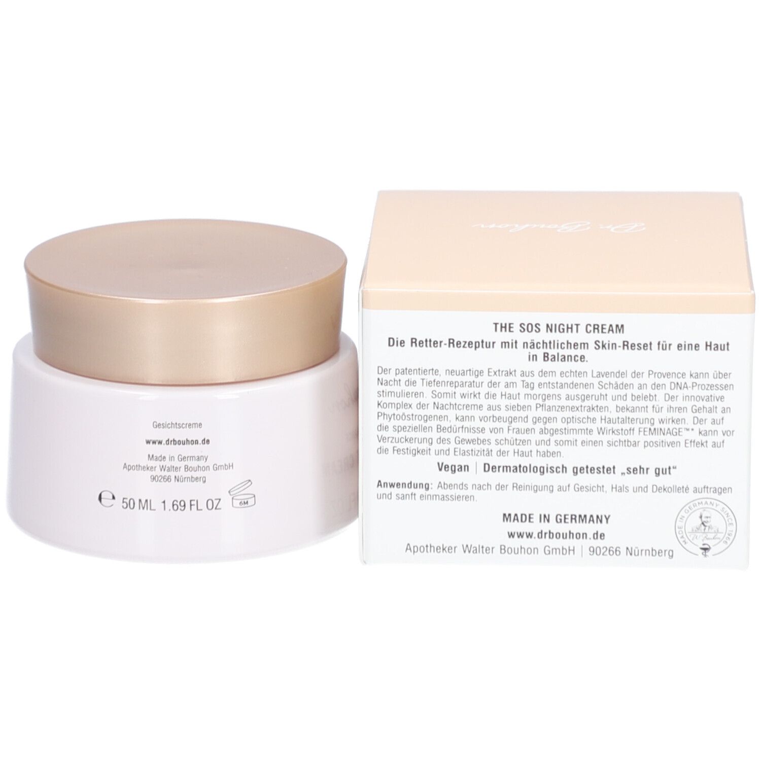 Pot de crème et boîte. Inscription : THE SOS NIGHT CREAM. Texte au dos de la boîte.