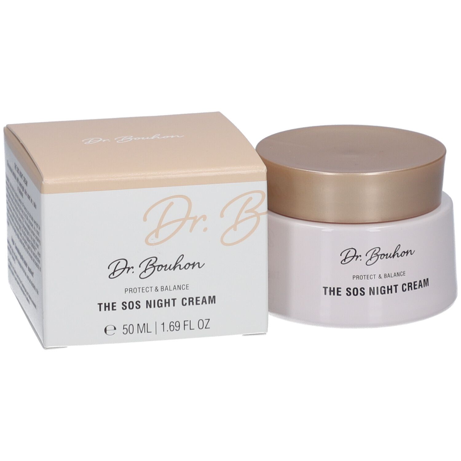 Pot de crème et boîte. Inscription : Dr. Bouhon, THE SOS NIGHT CREAM. Couvercle et texte beiges.