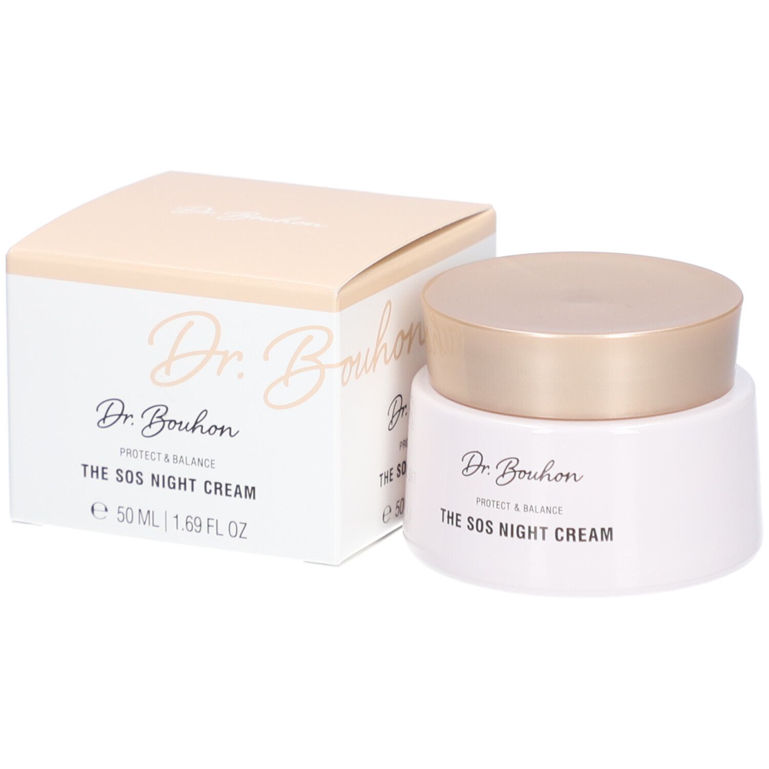 Pot de crème et boîte. Inscription : Dr. Bouhon, THE SOS NIGHT CREAM. Couvercle et texte beiges.