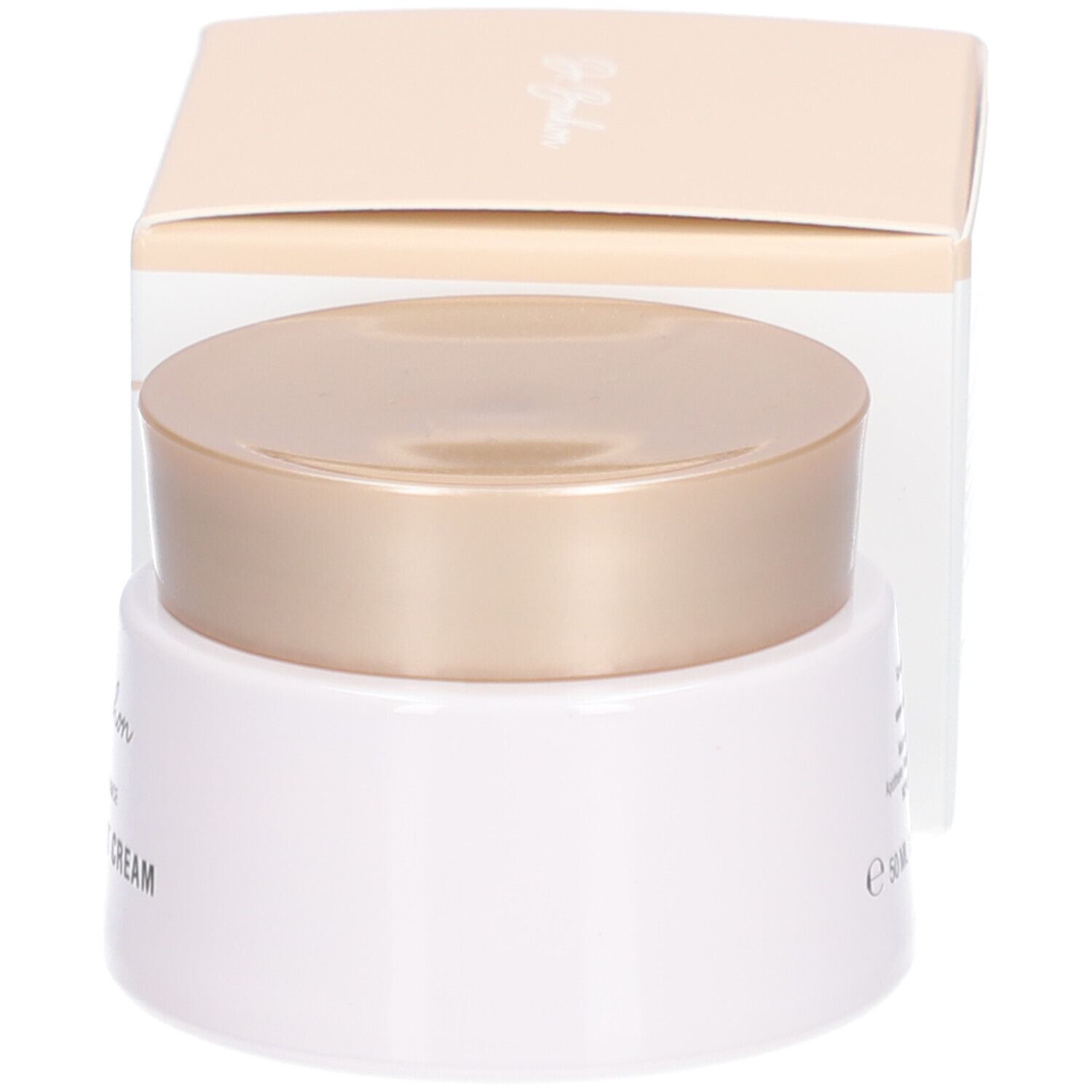 Pot de crème et boîte. Inscription : THE SOS NIGHT CREAM. Couvercle et texte beiges.