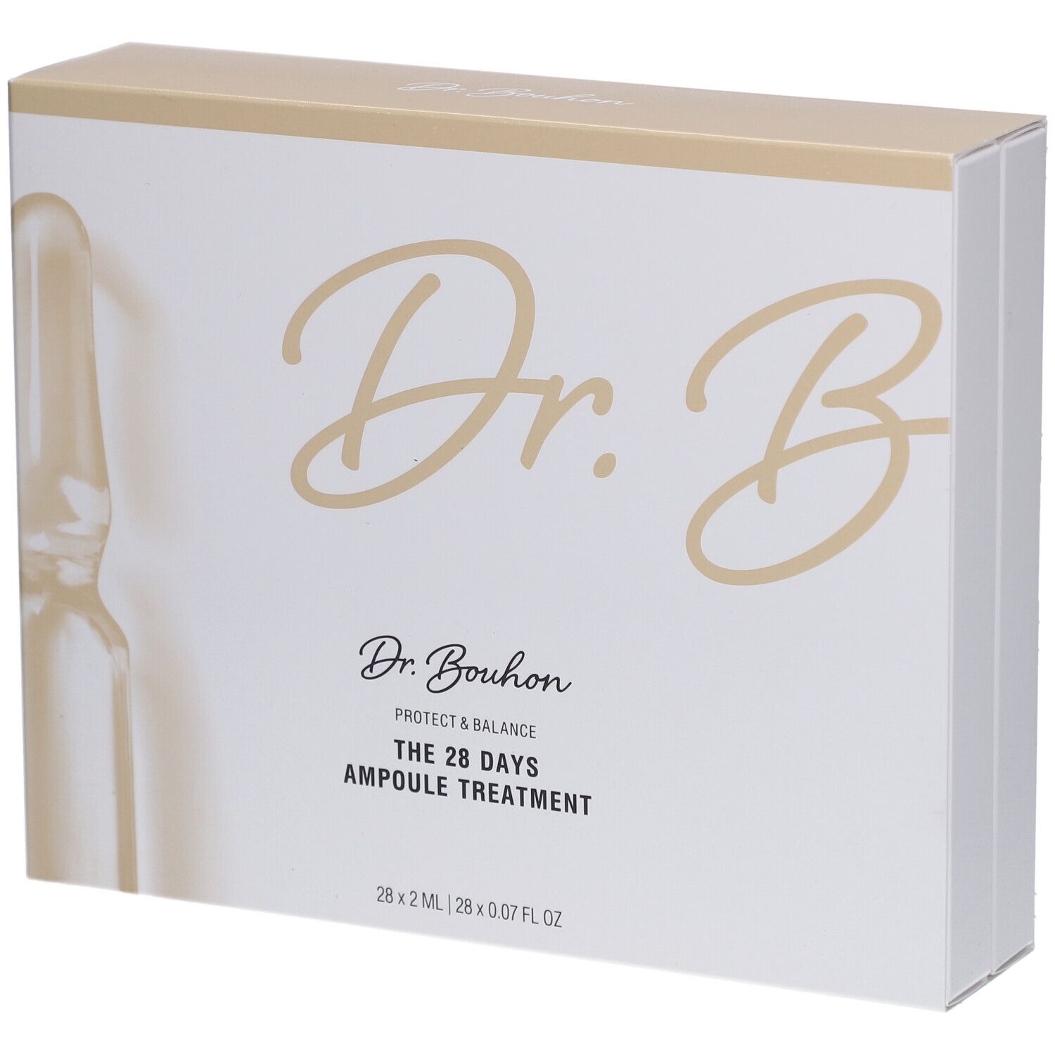 Weiße Schachtel mit goldfarbenem Deckel. Aufschrift: Dr. B, Protect & Balance, THE 28 DAYS AMPULE TREATMENT. Ampulle abgebildet.