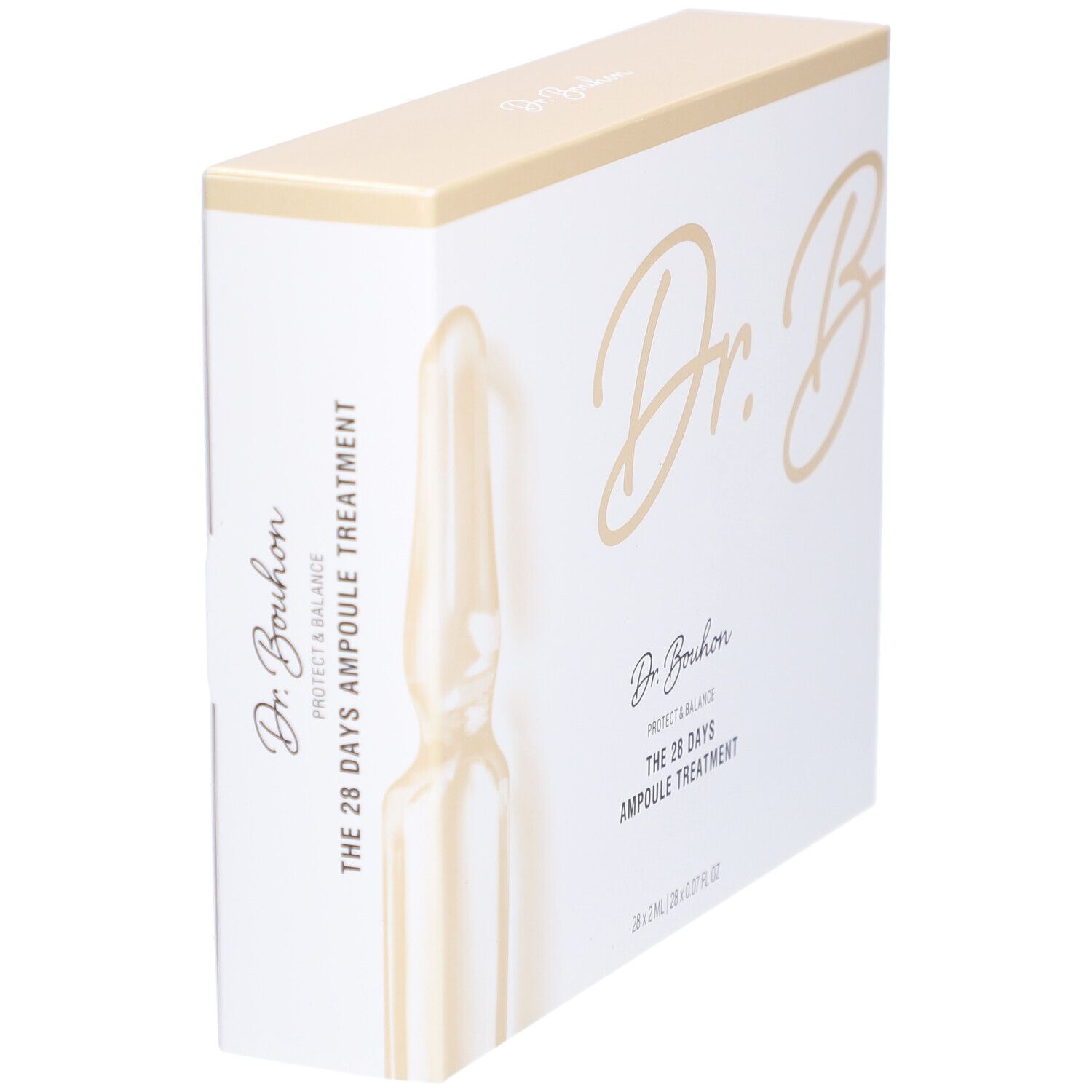 Weiße Schachtel mit goldfarbenem Deckel. Aufschrift: Dr. B, Protect & Balance, THE 28 DAYS AMPULE TREATMENT. Ampulle abgebildet.
