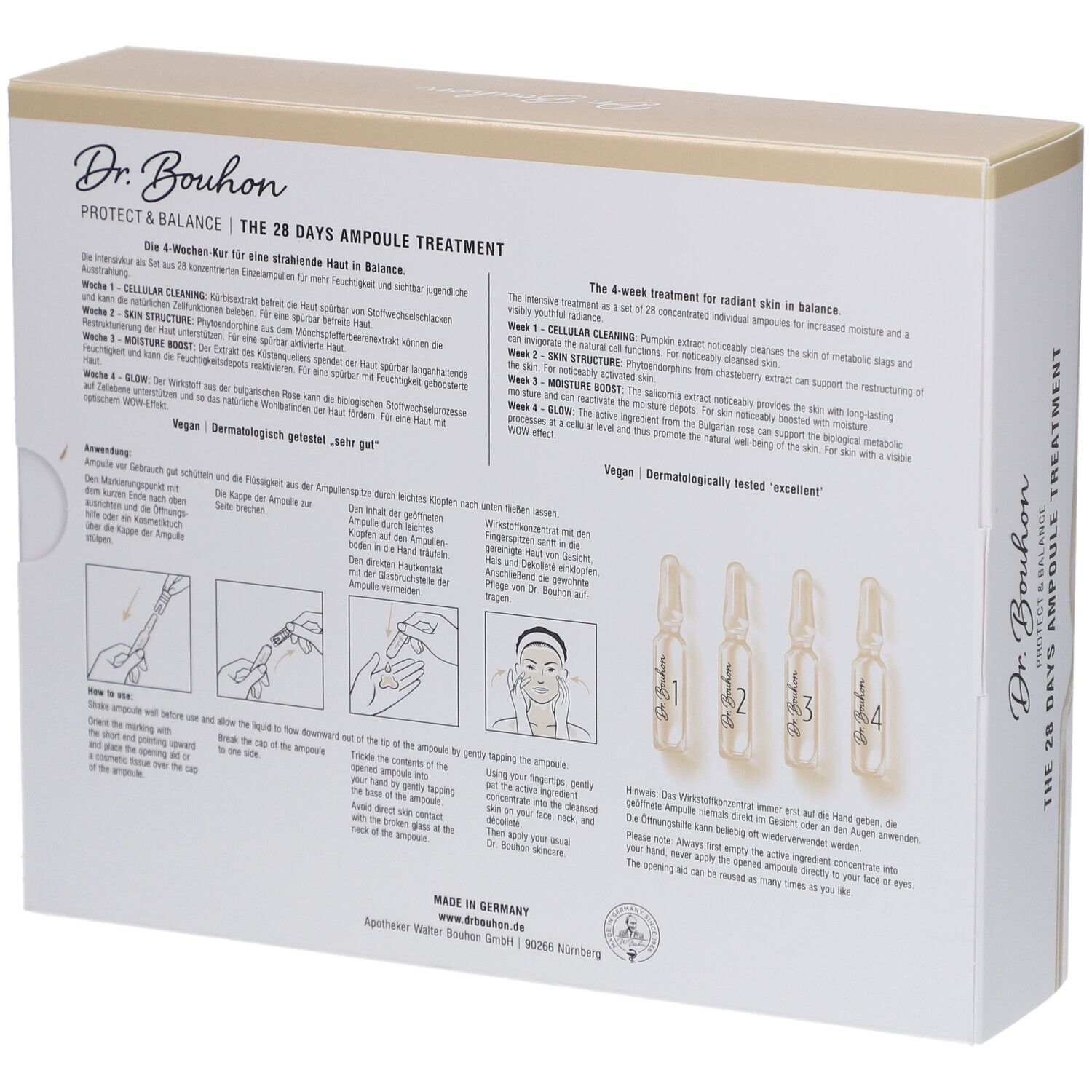 Rückseite der Schachtel. Text: Dr. Bouhon, THE 28 DAYS AMPULE TREATMENT. Anwendungsanleitung und Inhaltsstoffe. Vegan. Dermatologisch getestet.