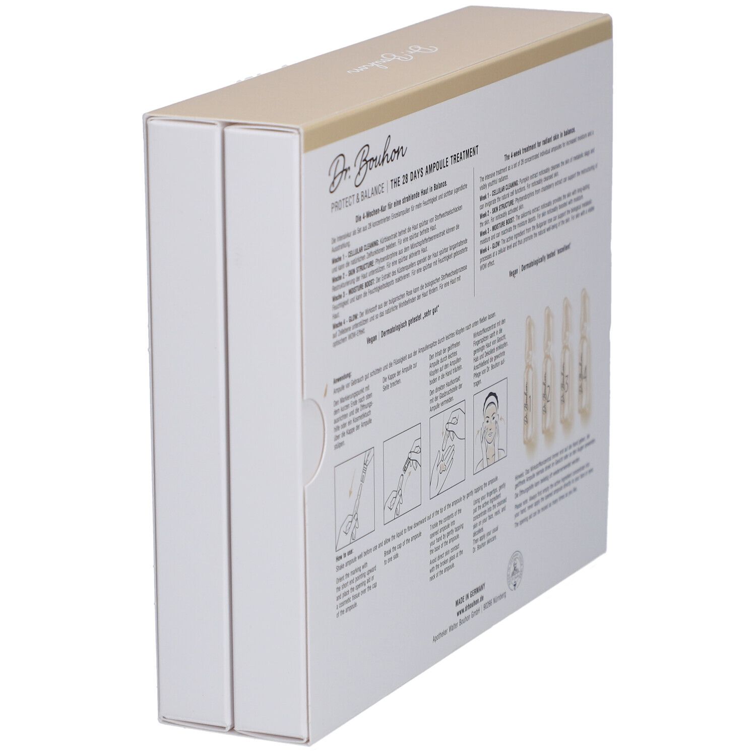 Schachtel, geöffnet. Aufschrift: Dr. Bouhon, THE 28 DAYS AMPULE TREATMENT. Anwendungsanleitung und Inhaltsstoffe. Vegan. Dermatologisch getestet.