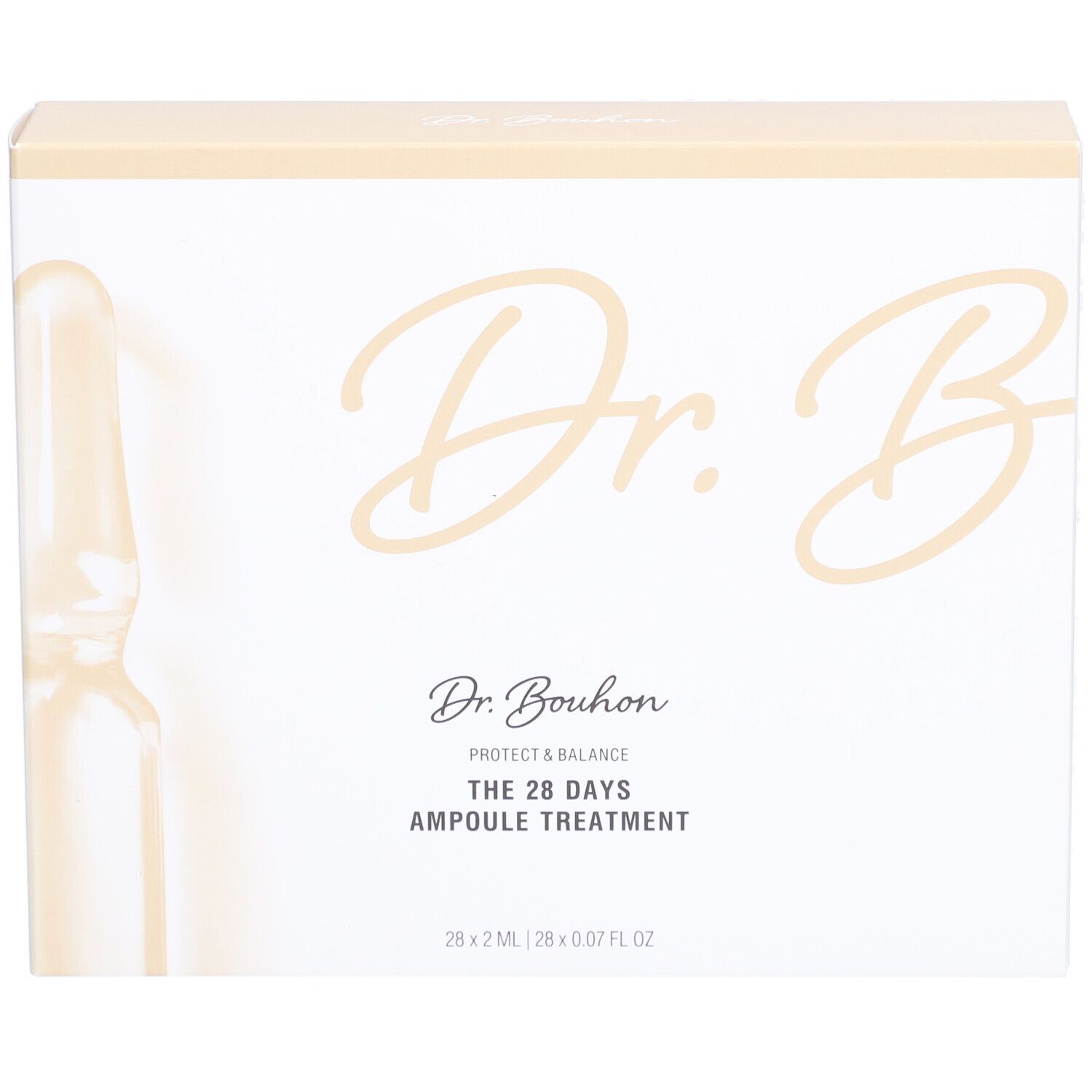 Weiße Schachtel mit goldfarbenem Deckel. Aufschrift: Dr. B, Protect & Balance, THE 28 DAYS AMPULE TREATMENT. Ampulle abgebildet.