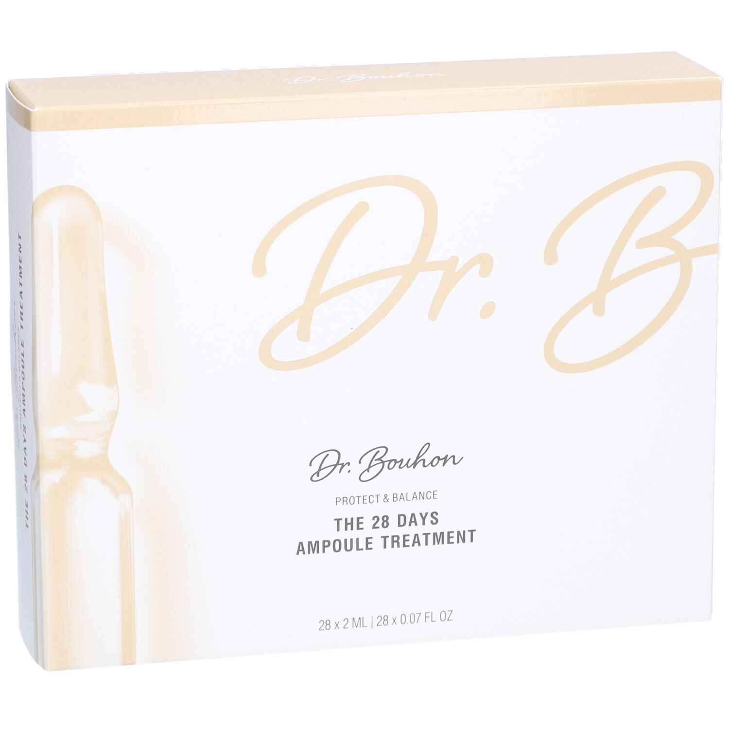 Weiße Schachtel mit goldfarbenem Deckel. Aufschrift: Dr. B, Protect & Balance, THE 28 DAYS AMPULE TREATMENT. Ampulle abgebildet.