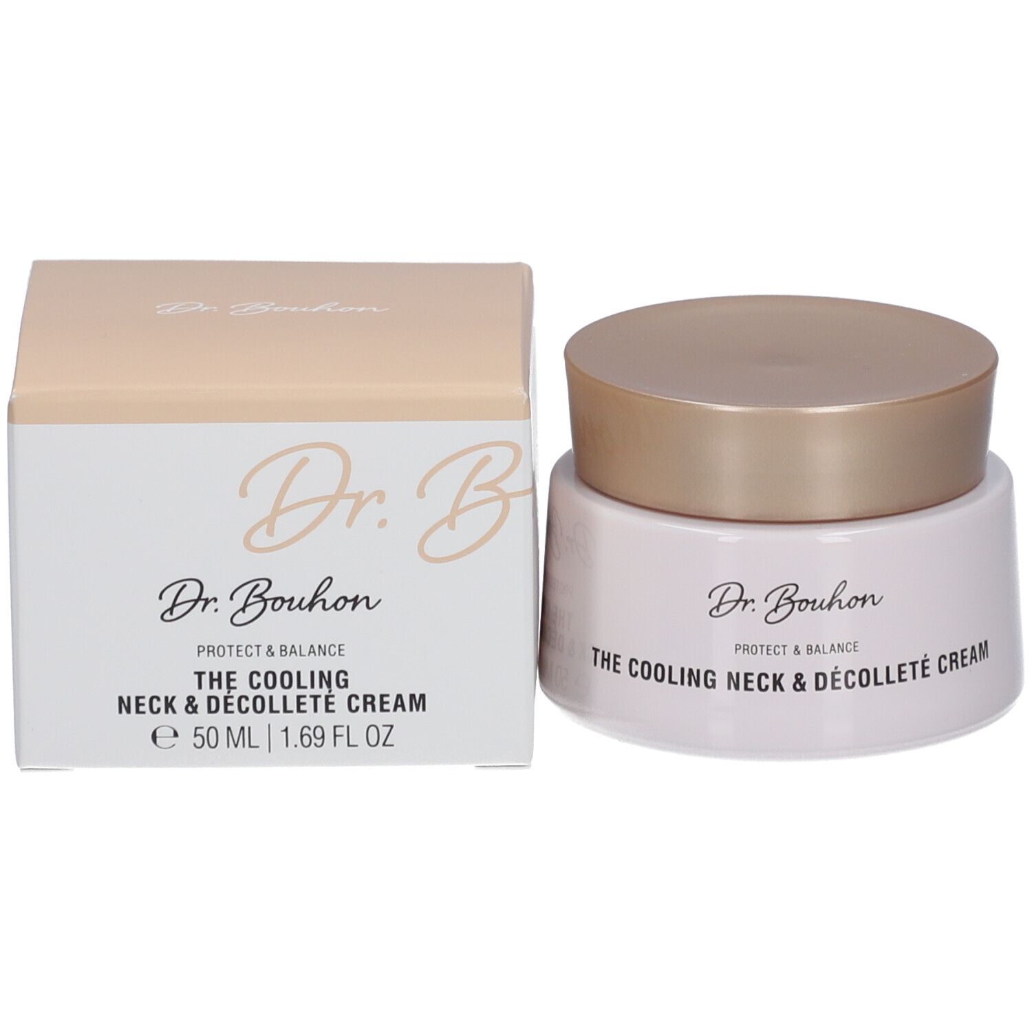 Creme-Tiegel und Karton. Aufschrift: Dr. Bouhon, The Cooling Neck & Décolleté Cream, 50 ml.