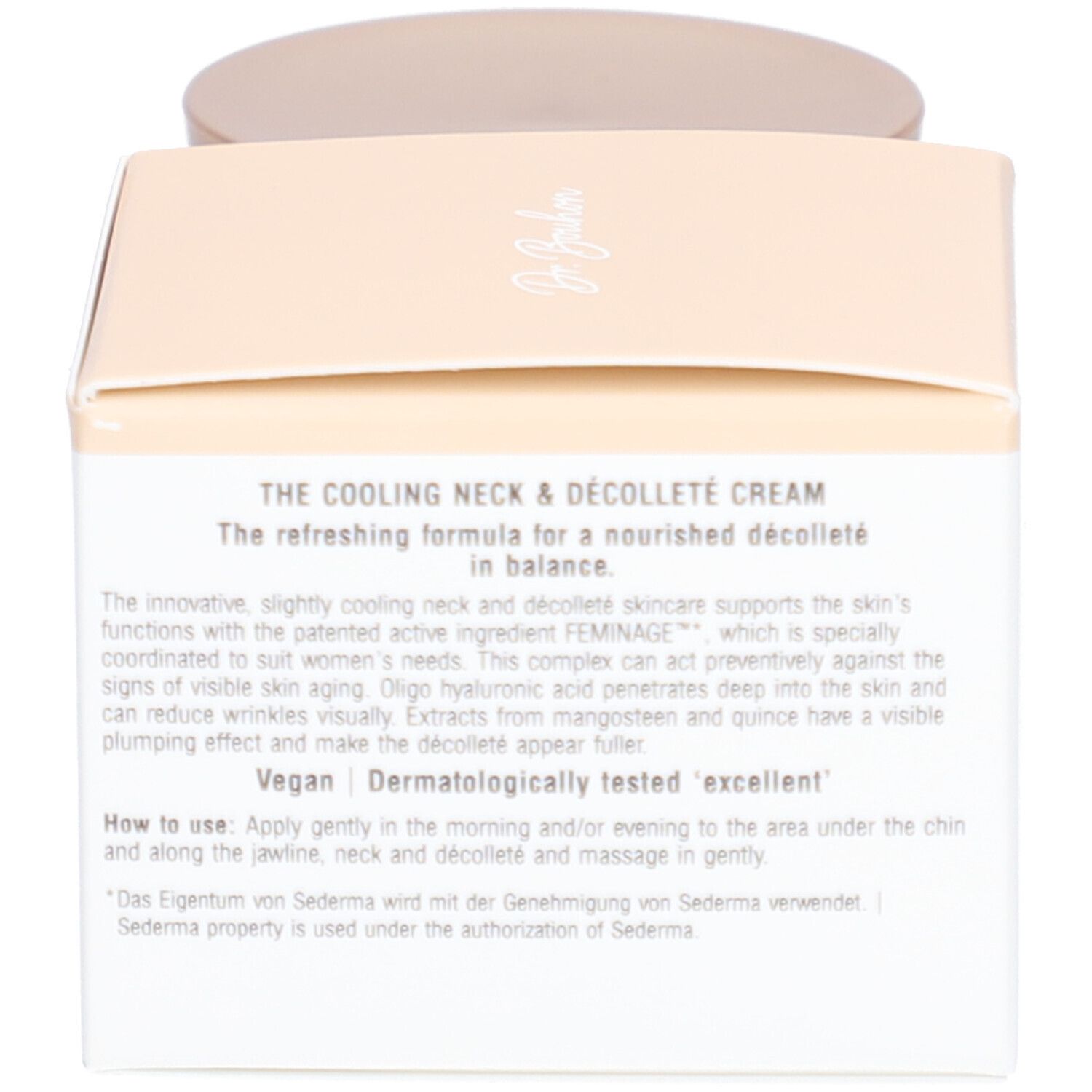 Karton mit Text: The Cooling Neck & Décolleté Cream. Vegan. Dermatologisch getestet 'excellent'.