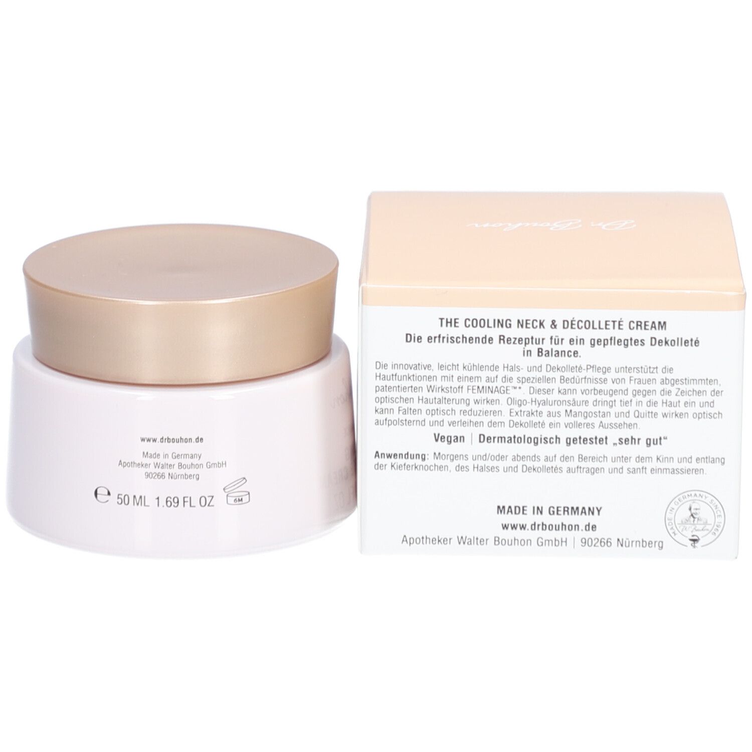 Creme-Tiegel und Karton. Aufschrift: Dr. Bouhon, The Cooling Neck & Décolleté Cream. Made in Germany.