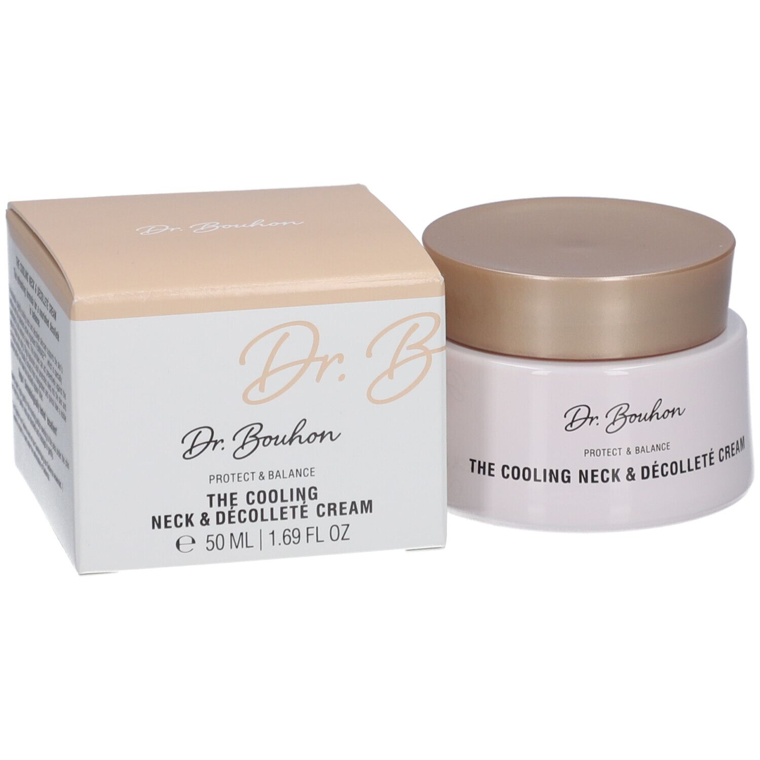 Creme-Tiegel und Karton. Aufschrift: Dr. Bouhon, The Cooling Neck & Décolleté Cream, 50 ml.