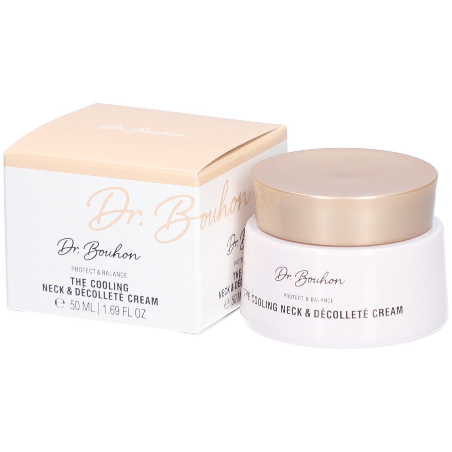 Creme-Tiegel und Karton. Aufschrift: Dr. Bouhon, The Cooling Neck & Décolleté Cream, 50 ml.