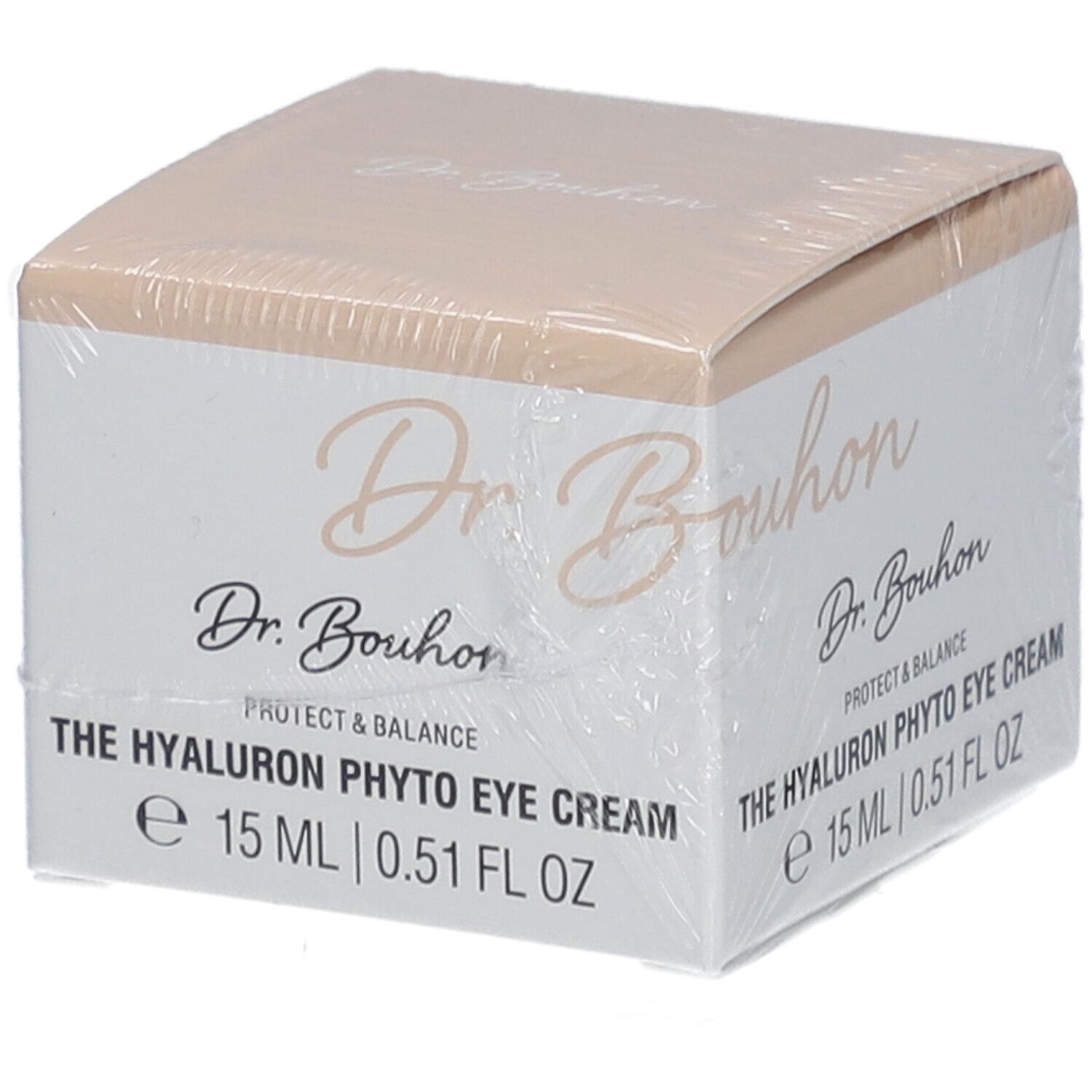 Verpackung von DR.BOUGON Die Hyaluron Phyto Augencreme. Quadratische Schachtel, weiß mit beigem Deckel. Produktname und Marke sichtbar.
