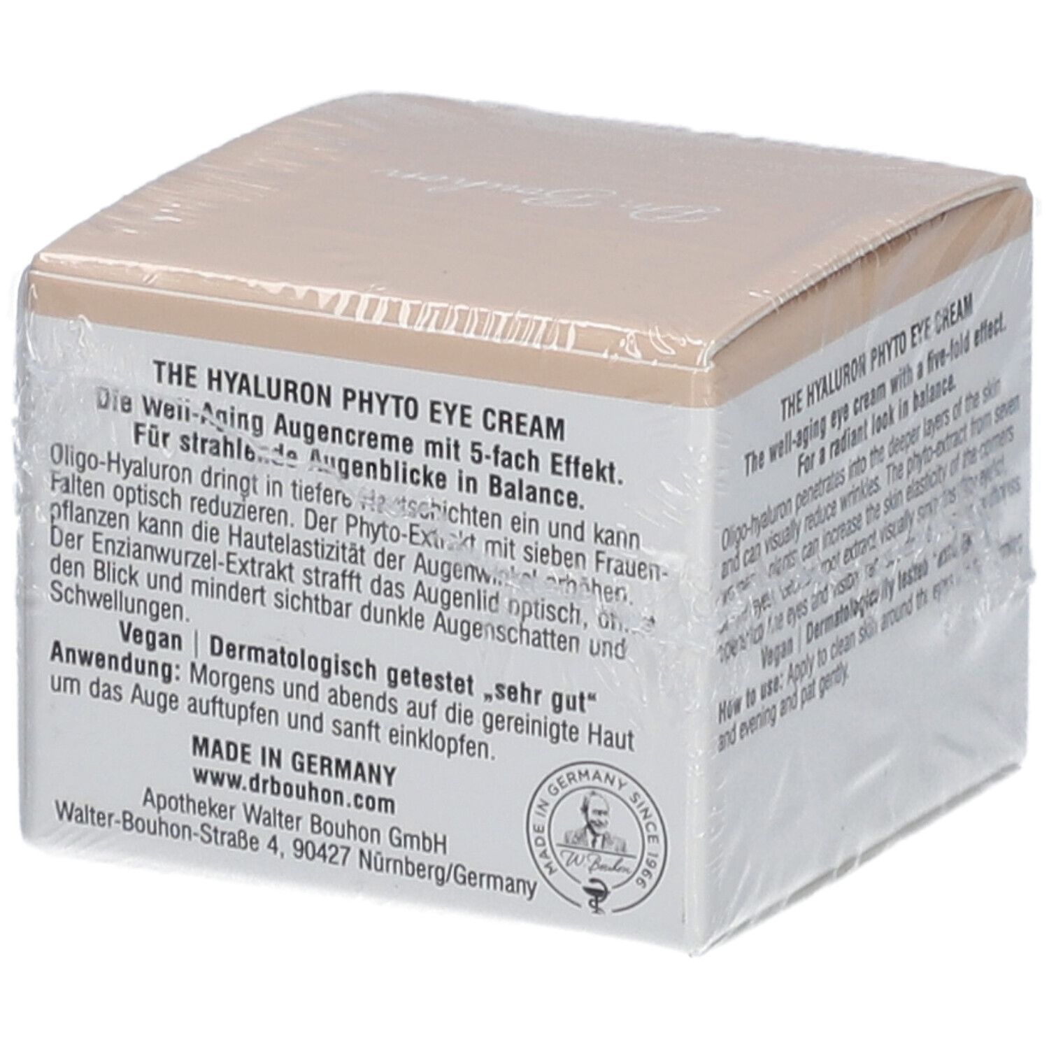 Verpackung von DR.BOUGON Die Hyaluron Phyto Augencreme. Text auf der Verpackung: Herstellerinformationen, Vegan-Siegel, Dermatologisch getestet.
