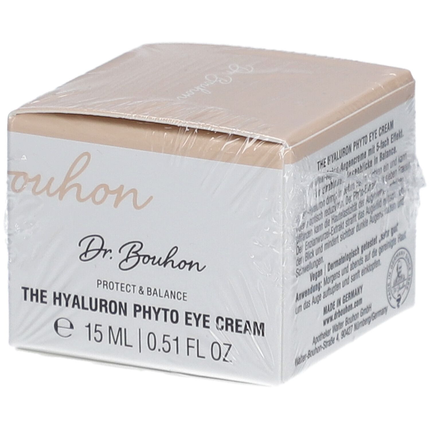 Verpackung von DR.BOUGON Die Hyaluron Phyto Augencreme. Quadratische Schachtel, weiß mit beigem Deckel. Produktname und Marke sichtbar.