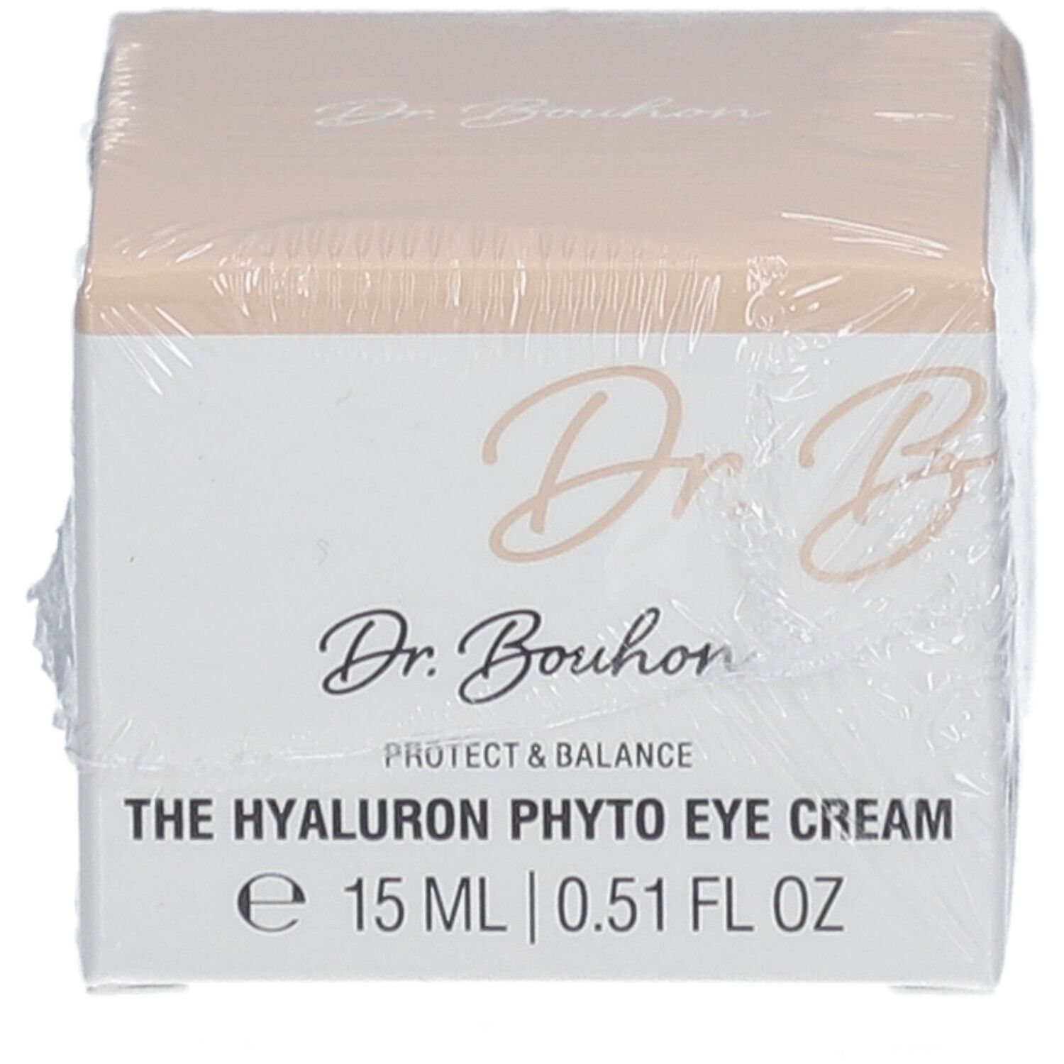 Verpackung von DR.BOUGON Die Hyaluron Phyto Augencreme. Quadratische Schachtel, weiß mit beigem Deckel. Produktname und Marke sichtbar.