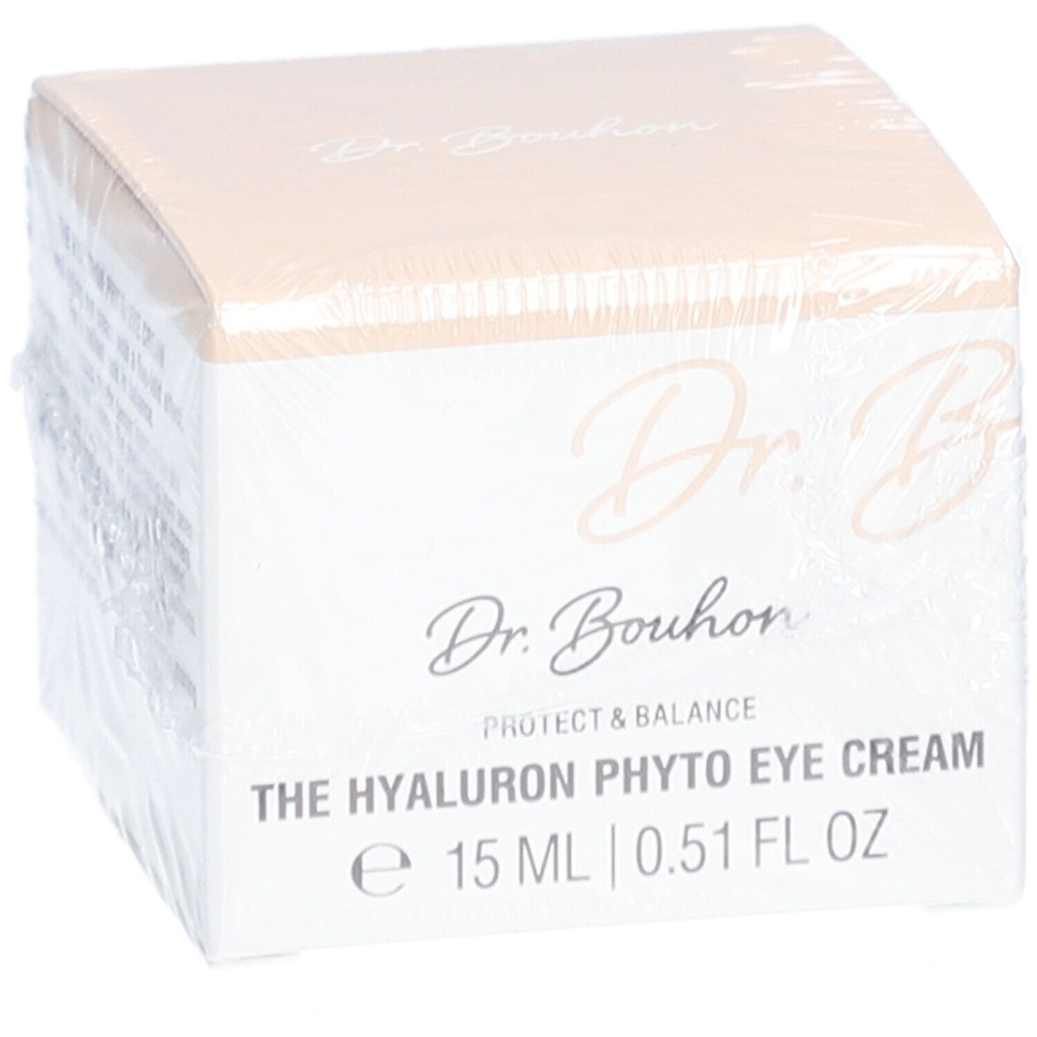 Verpackung von DR.BOUGON Die Hyaluron Phyto Augencreme. Quadratische Schachtel, weiß mit beigem Deckel. Produktname und Marke sichtbar.