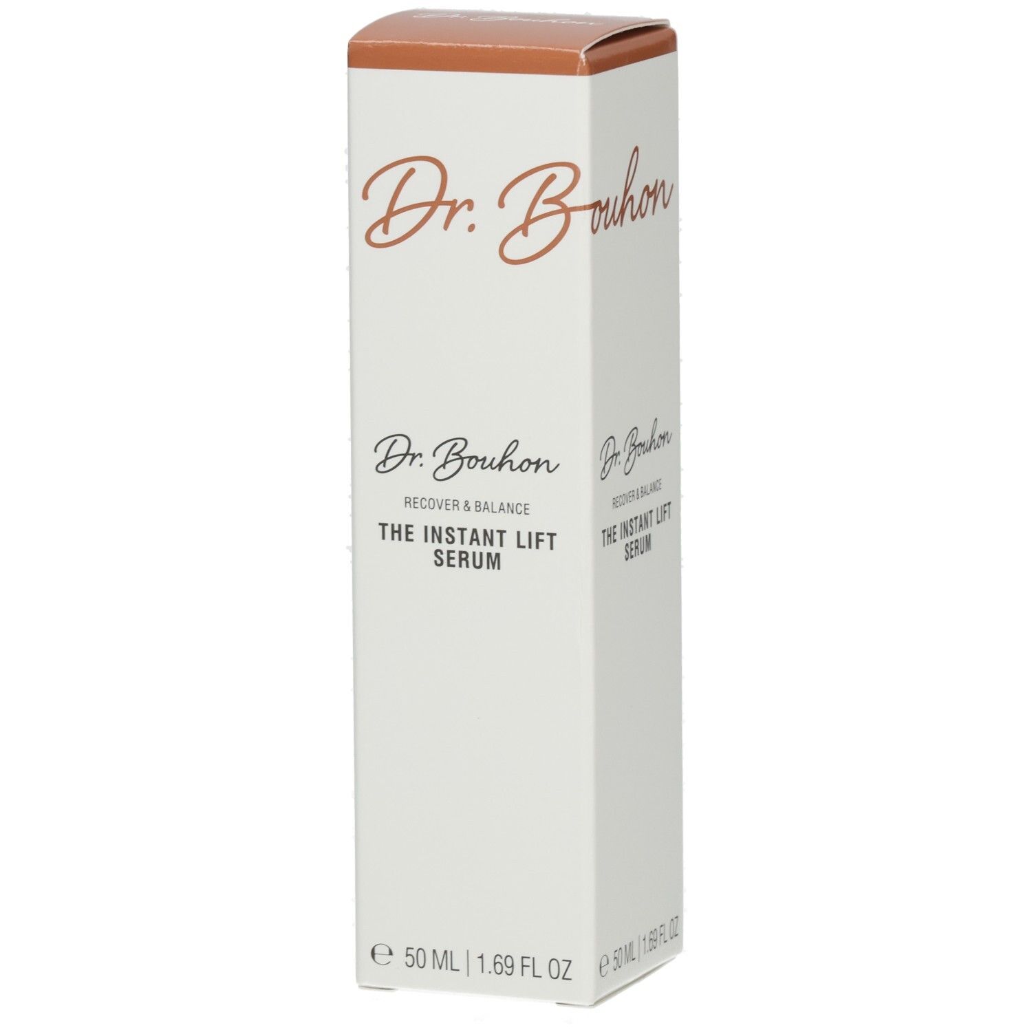 Dr. Bouhon The Instant Lift Serum. Weiße Verpackung mit braunem Deckel. Schriftzug in Braun. Produktname und Volumenangabe.