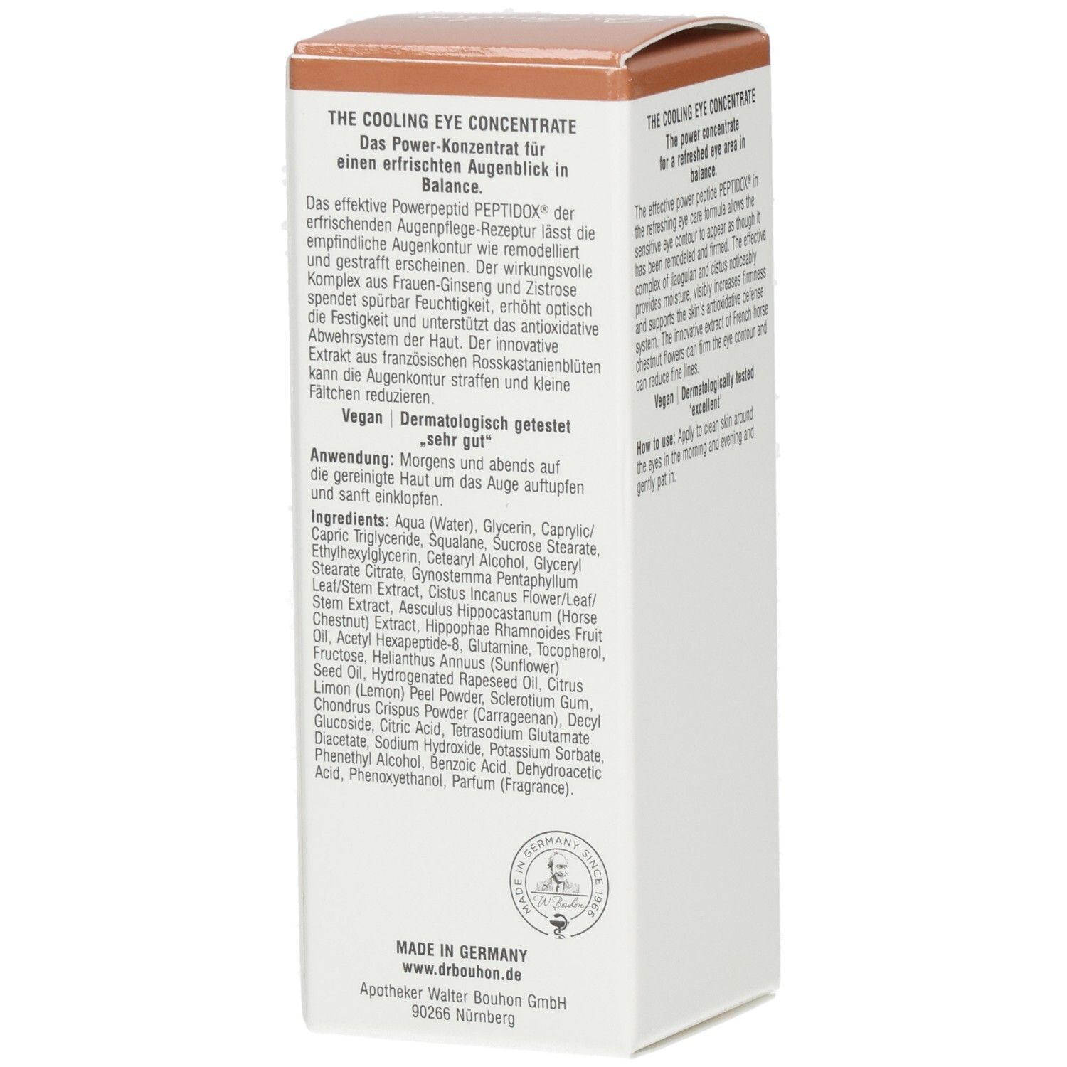 Karton von Dr. Bouhon Augenkonzentrat. Text: The Cooling Eye Concentrate. Inhaltsstoffe. Vegan. Made in Germany.