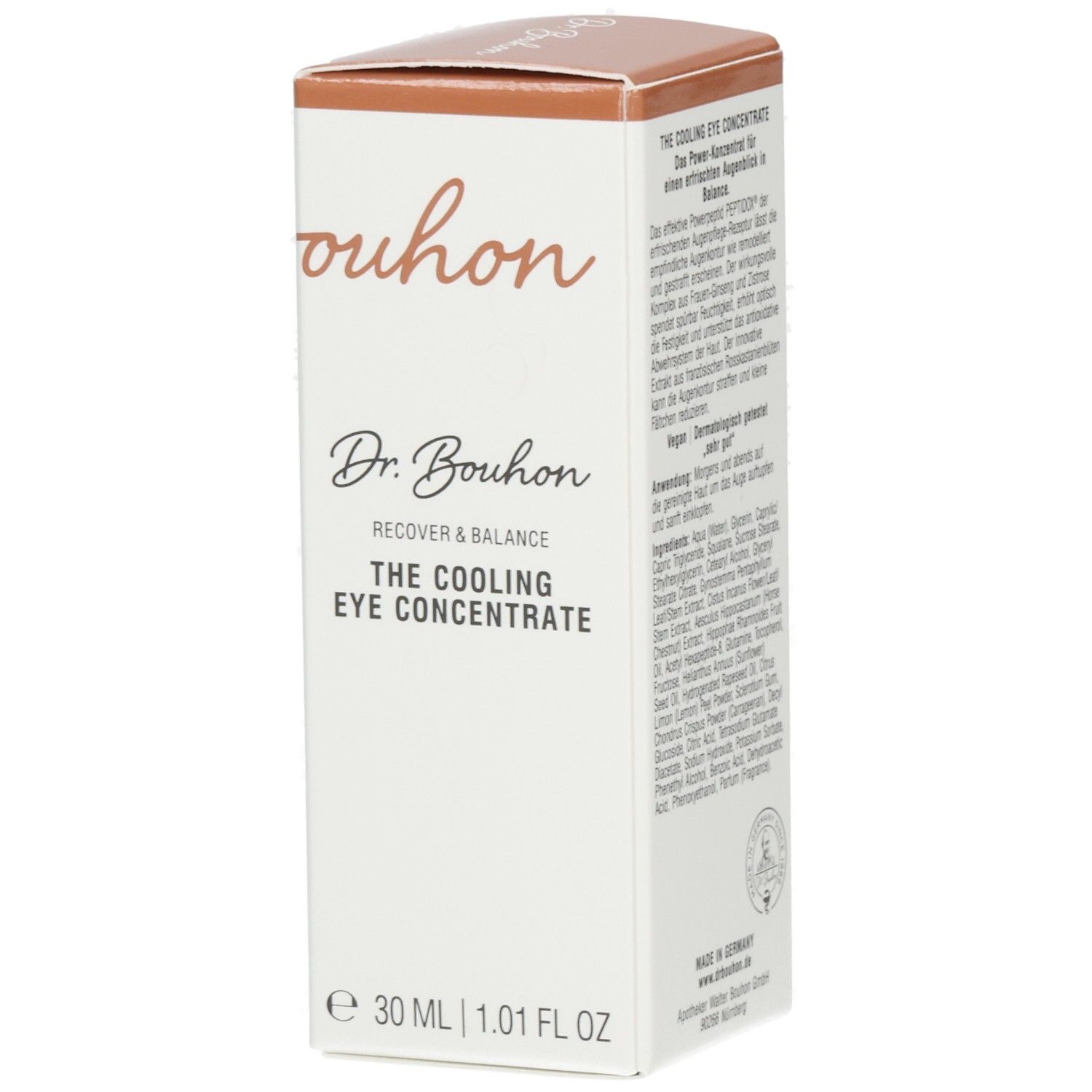 Karton von Dr. Bouhon Augenkonzentrat. Logo und Text: Dr. Bouhon, Recover & Balance, The Cooling Eye Concentrate.