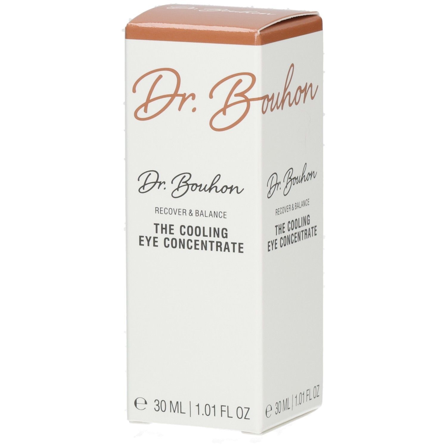 Karton von Dr. Bouhon Augenkonzentrat. Logo und Text: Dr. Bouhon, Recover & Balance, The Cooling Eye Concentrate.